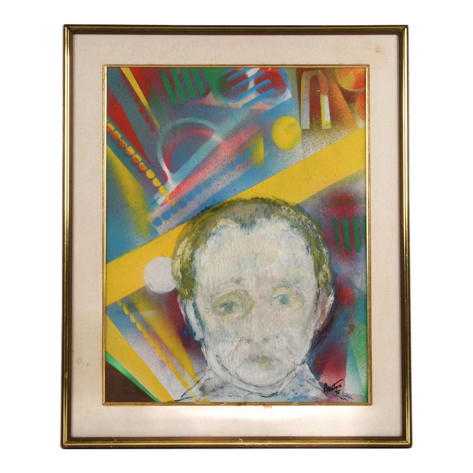 Framed Signed J. Akston "Untitled, 1975" Painting: This Framed Signed J. Akston "Untitled, 1975" Painting is a compelling blend of abstract geometry and portraiture. The central ghostly visage contrasts sharply with the bold, colorful background of dy
