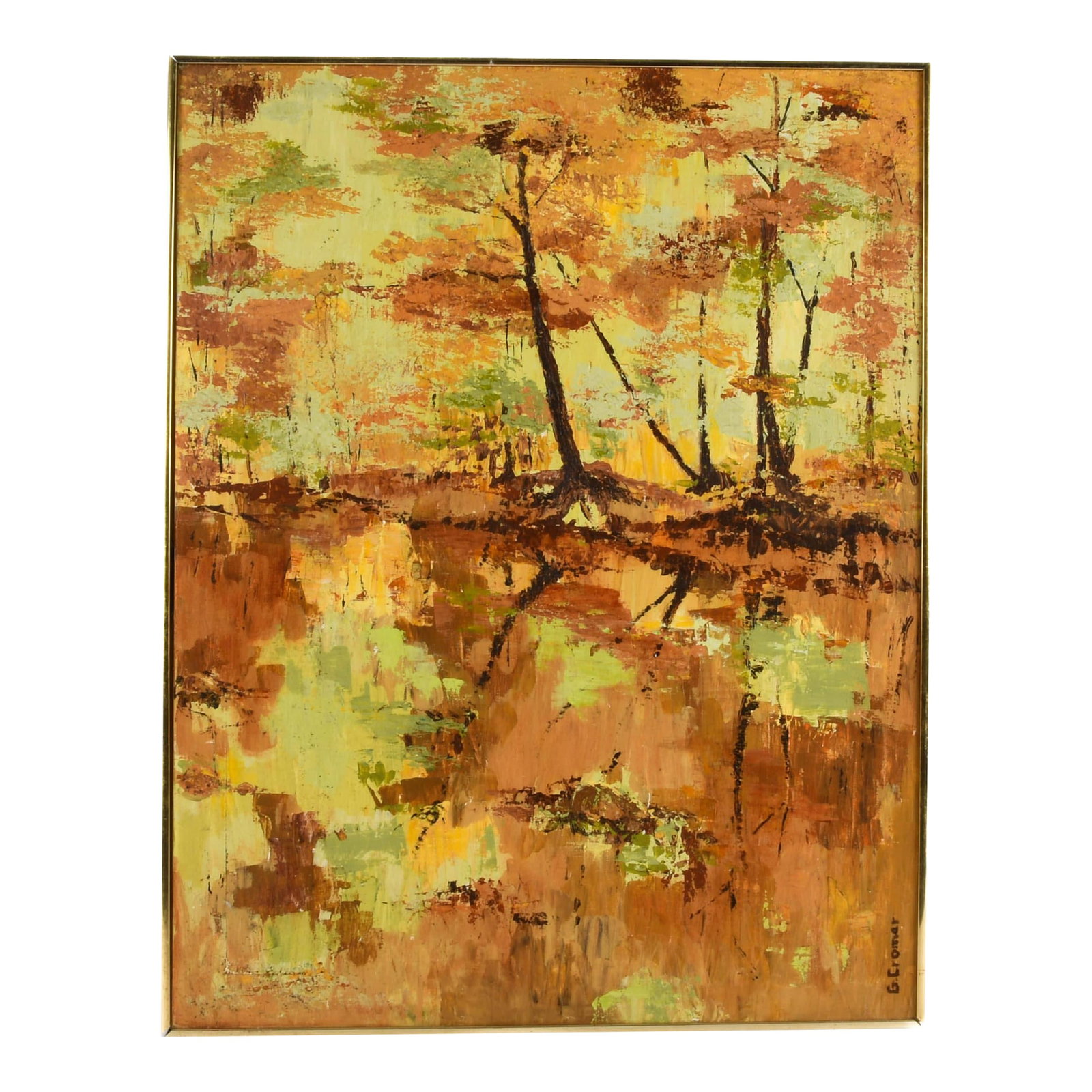 Framed Signed "Impression of Autumn" Artwork by G. Cromer: This Framed Signed "Impression of Autumn" Artwork by G. Cromer captures the essence of a changing season through bold, gestural brushwork and a rich palette of russet, ochre, sage, and burnt sienna. T