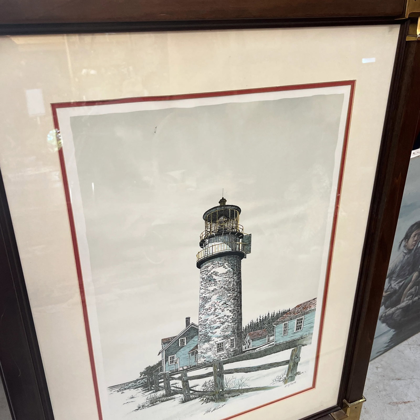 1970s Signed Lighthouse Lithograph in Frame With Brass Corners, New York - 10