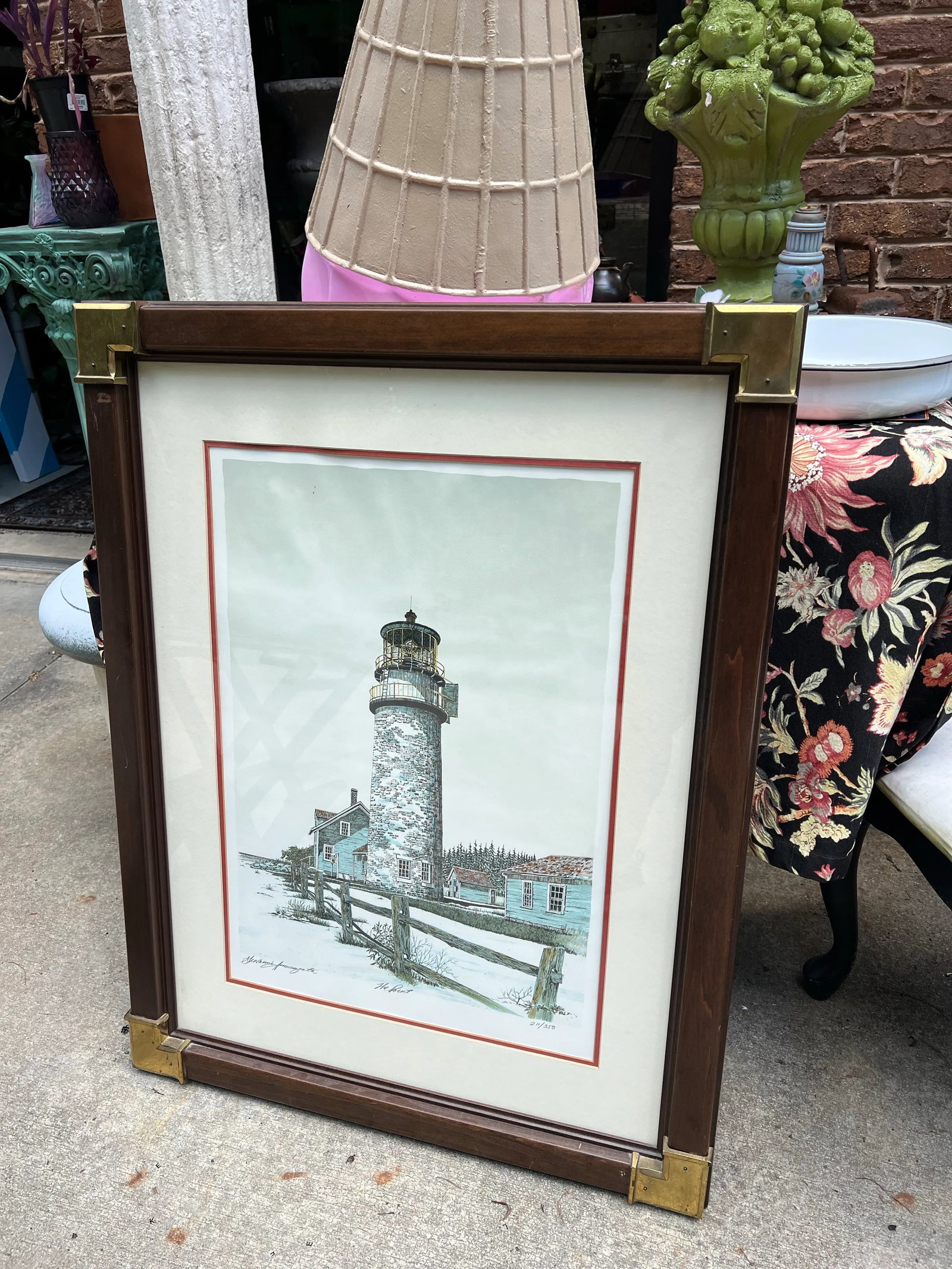 1970s Signed Lighthouse Lithograph in Frame With Brass Corners, New York - 2