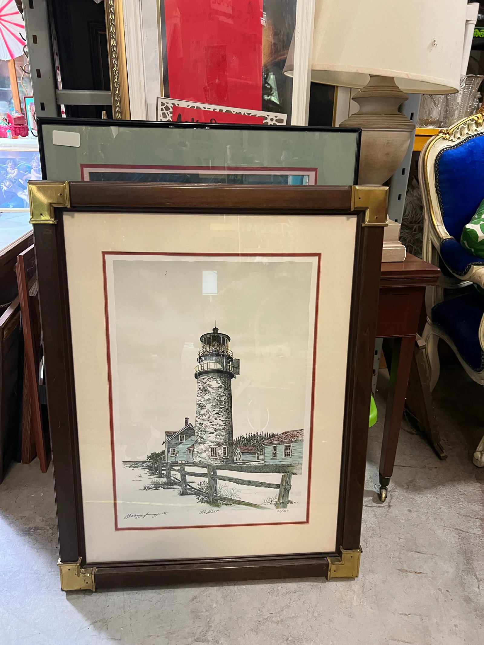 1970s Signed Lighthouse Lithograph in Frame With Brass Corners, New York - 4