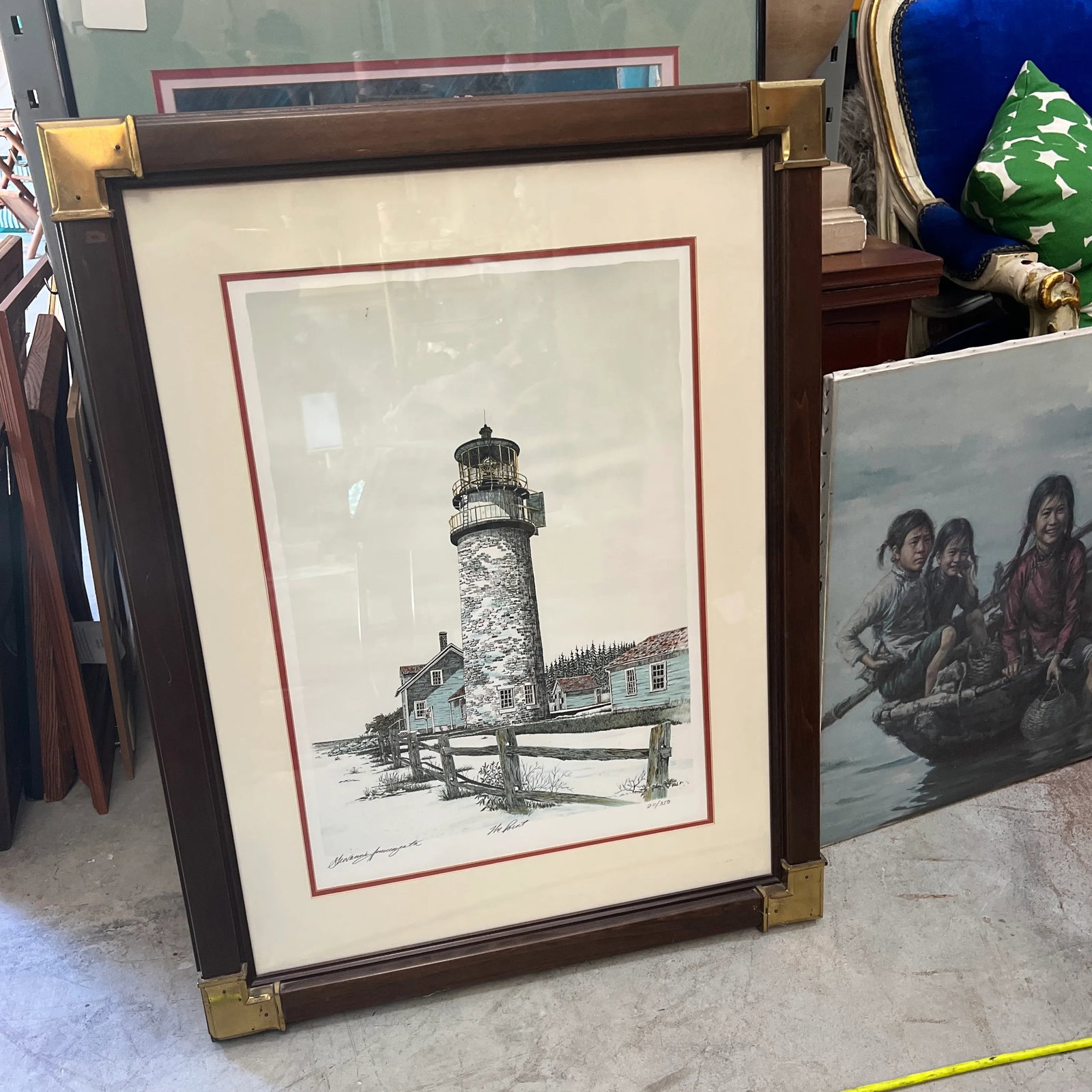 1970s Signed Lighthouse Lithograph in Frame With Brass Corners, New York - 7