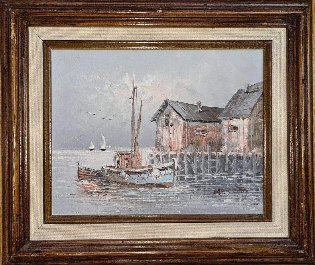 Harbour Scene, Oil on Board, Signed Max Savy, French 1918-2010: Harbour scene, oil on board, signed Max SAVY, French 1918-2010 14"x12" Max Savy painted scenes of everyday life in the French Corbieres region, which garnered much success during his life.