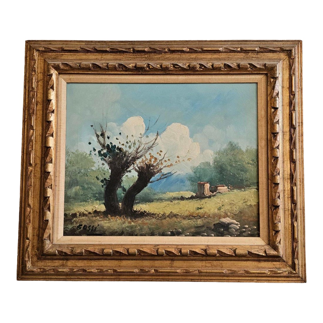 Vintage Landscape Painting, Oil on Canvas, Signed: Beautiful Landscape Painting, Oil On Canvas, Signed This painting features a vintage landscape, beautifully framed in an ornate gold frame. The oil on canvas depicts a serene countryside scene, showca