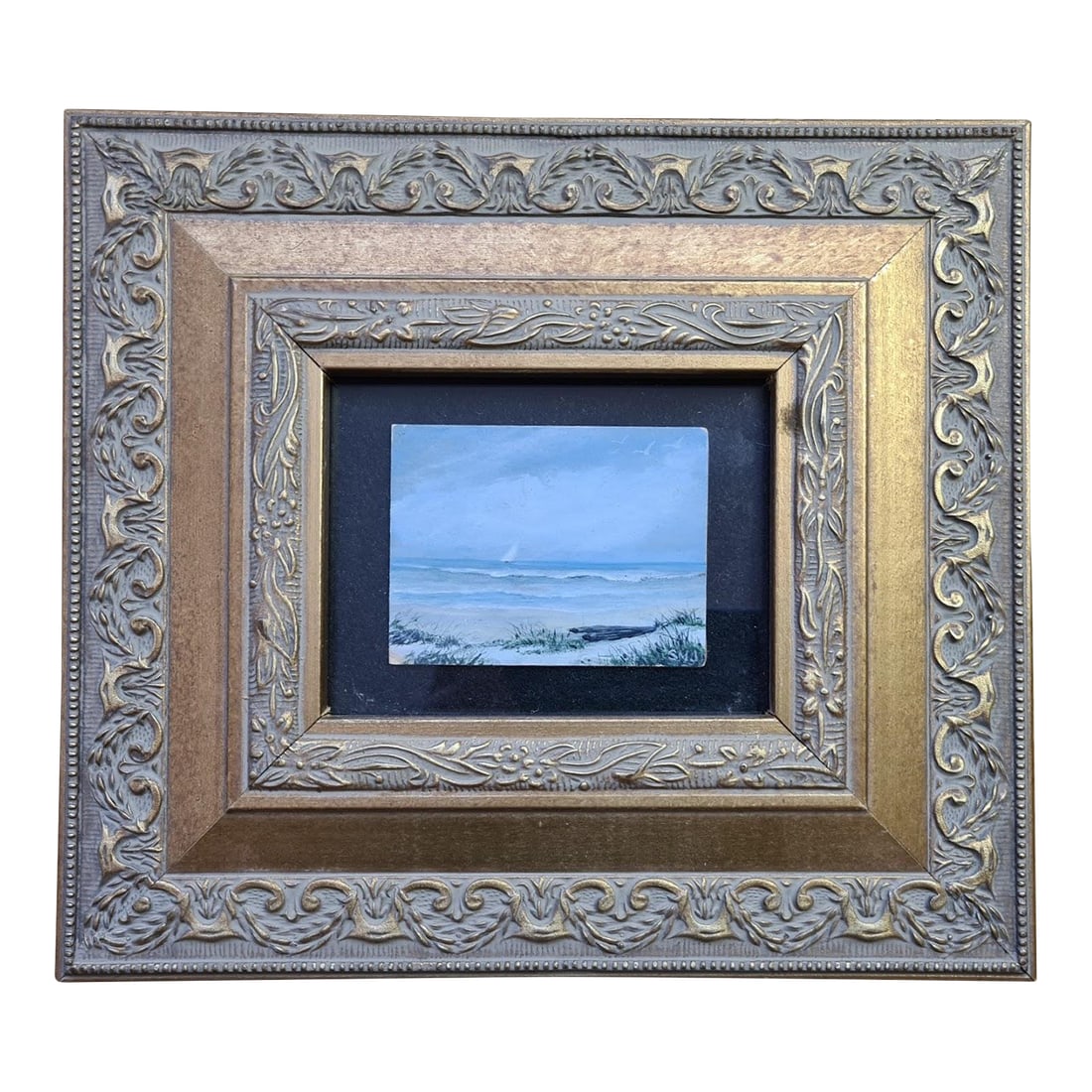 Vintage Oil on Board Painting, Ornate Double Framed, Signed SMJ: Vintage Ornate Double Framed Painting - Sailboat In The Ocean Off The Beach, Signed SMJ Beautiful Gold Ornate Frame. Some light marks on the frame, consistent with age. Overall Excellent Condition. 8.