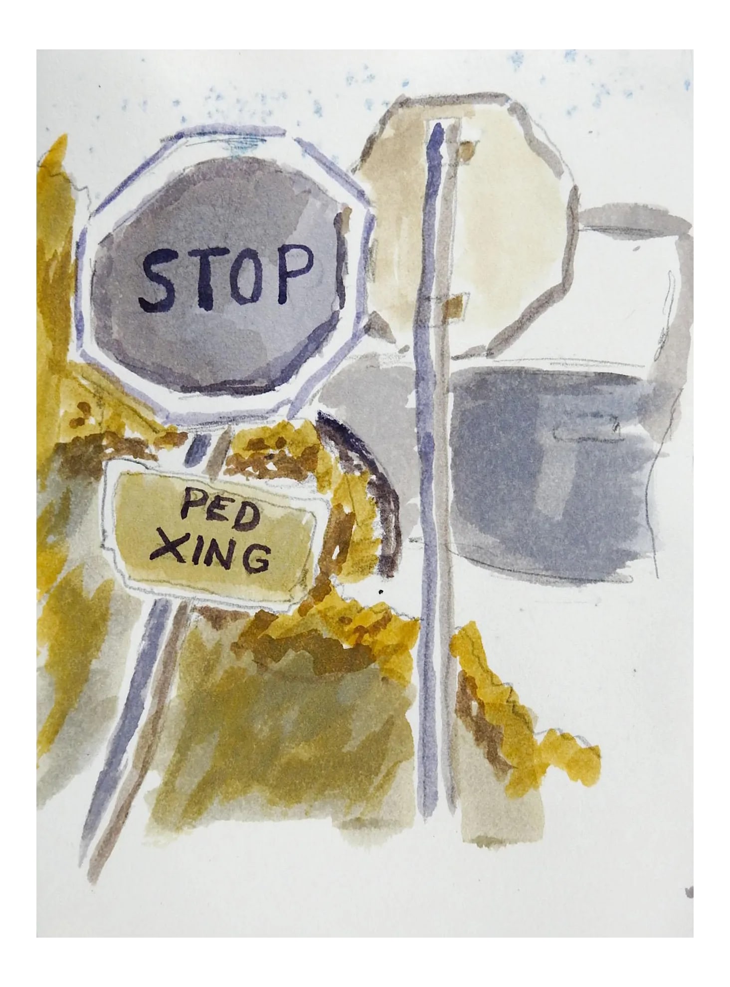 Vintage Stop Sign & Architecture Watercolor Painting Double Sided: Vintage watercolor on paper painting of stop signs and architecture double sided painting. Unsigned. Unframed, small lower left corner tear. Condition: Alterations: Original Condition Unaltered