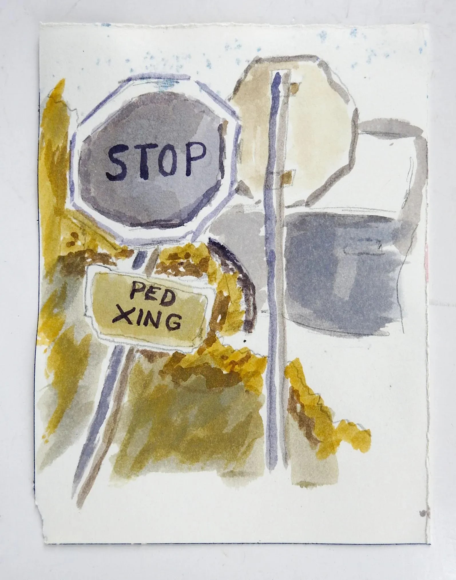 Vintage Stop Sign & Architecture Watercolor Painting Double Sided - 3