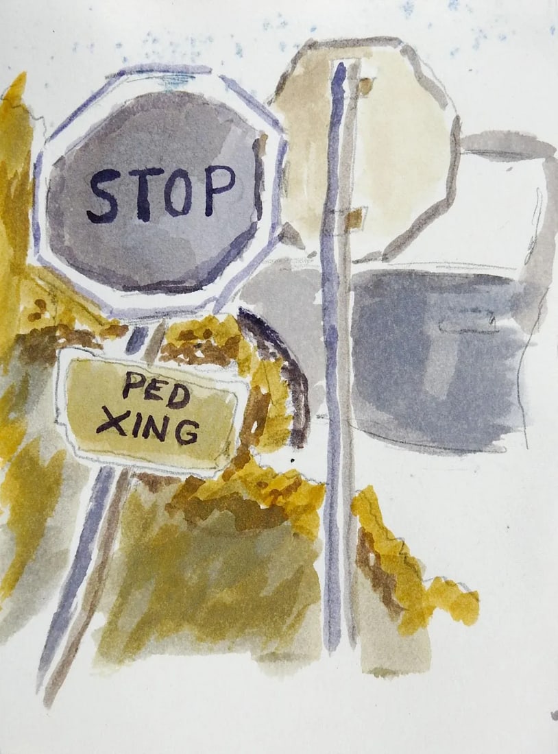 Vintage Stop Sign & Architecture Watercolor Painting Double Sided - 5