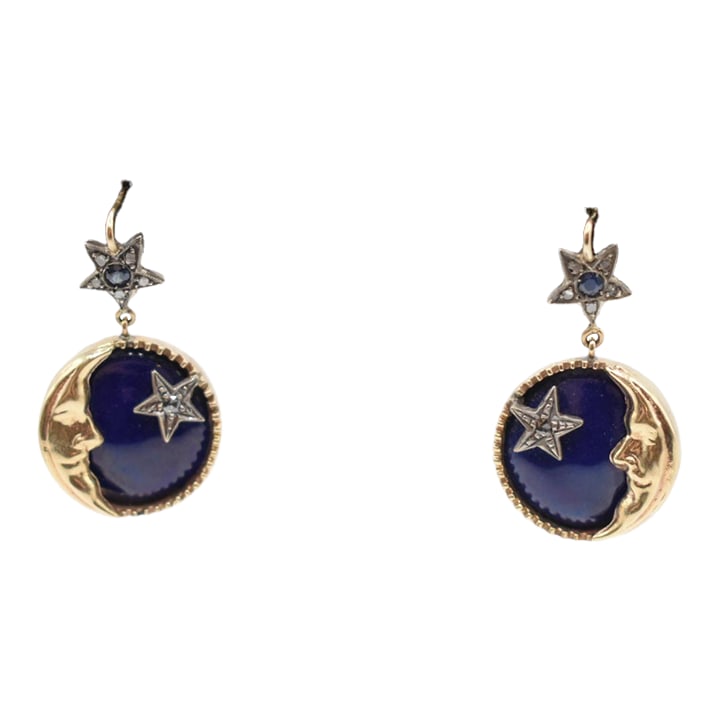 Early 20th Century Pair of Diamond, Sapphire and Enamel Crescent Moon Earrings: These are a stunning pair of diamond, sapphire, and enamel crescent moon earrings. They feature rose cut diamonds and round sapphires set in 10kt gold. no markings Condition: Alterations: Original Con