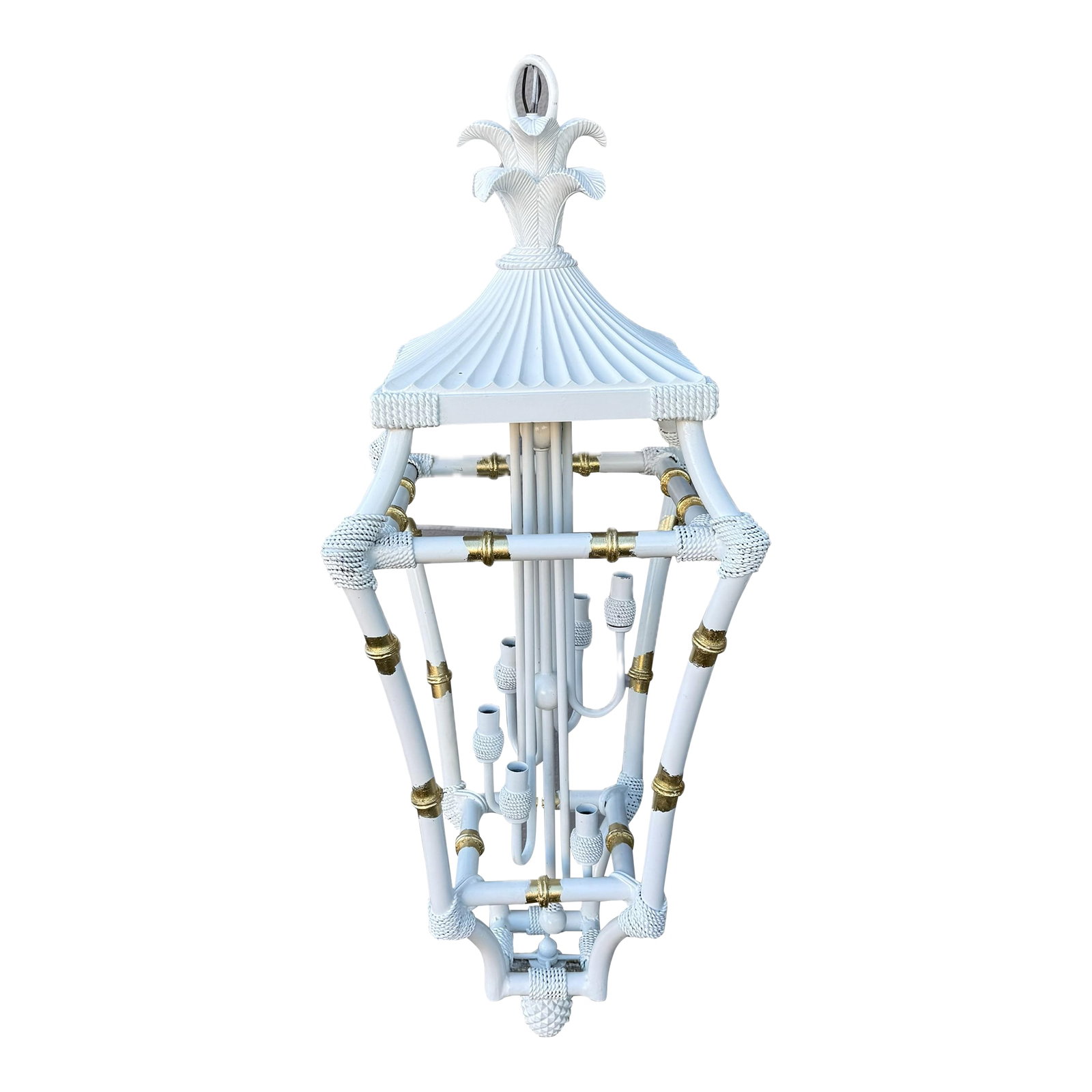 Vintage Palm Beach Regency Parcel Gilt White Pagoda Chandelier Dorothy Draper Style - Newly Painted: Turning the past into stunning decor for today." This monumental Mid-Century Pagoda Lantern is a masterclass in Palm Beach Regency glamour. Meticulously reimagined by Turtle and Crane, the piece featu