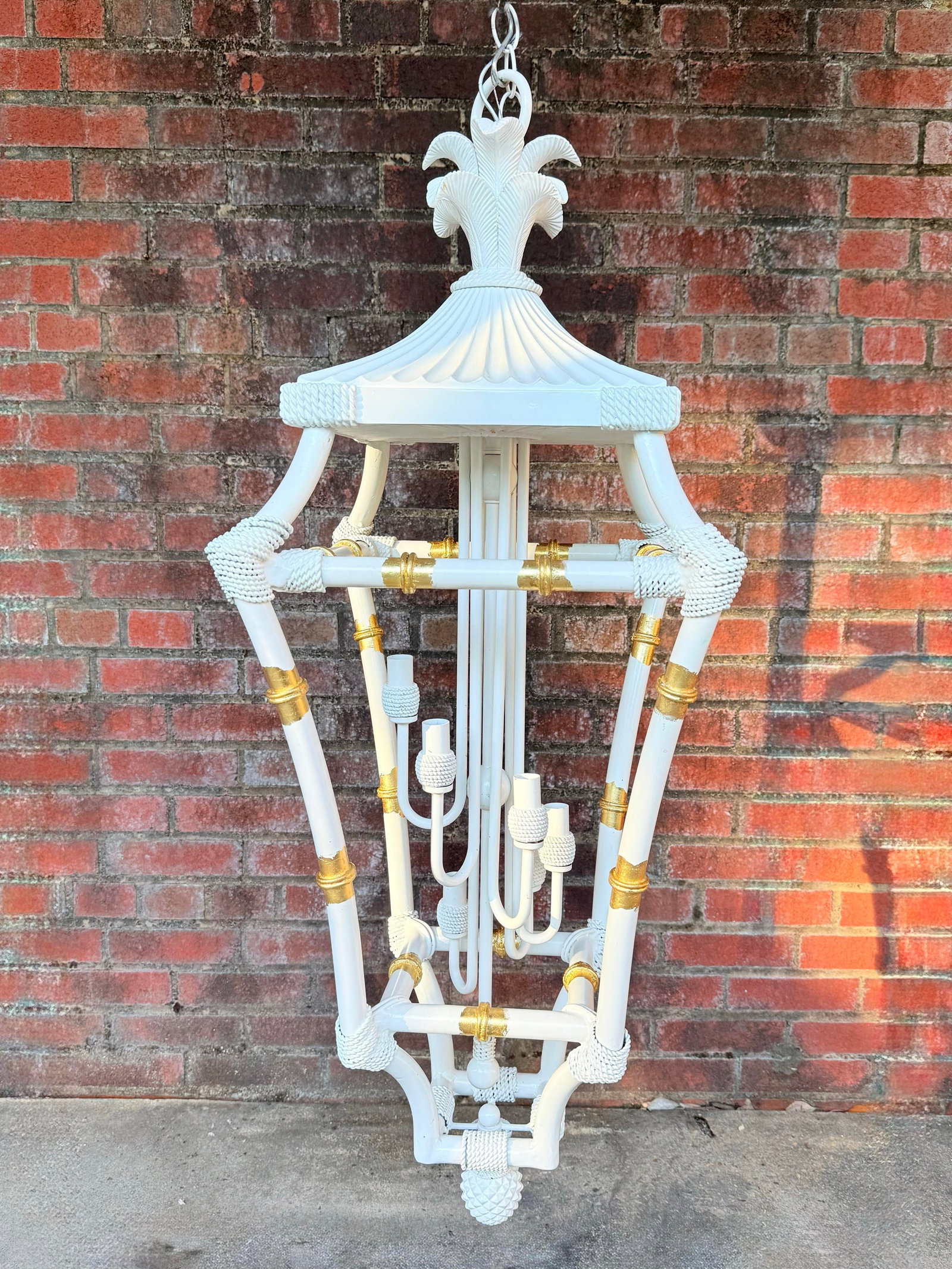 Vintage Palm Beach Regency Parcel Gilt White Pagoda Chandelier Dorothy Draper Style - Newly Painted - 3