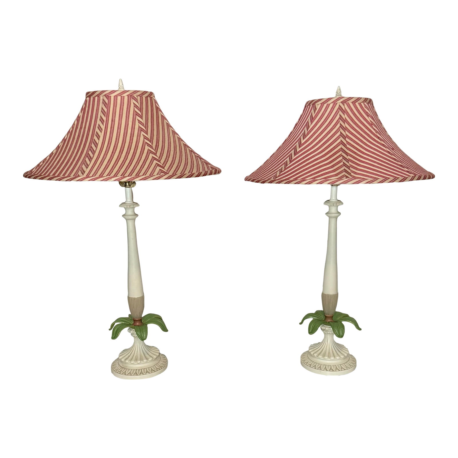 Vintage Palm Beach Regency Palm Tree Table Lamps - Striped Empire Shade - Charming Coastal Decor - A: Illuminate your living space with this stunning pair of Vintage Palm Beach Regency Palm Tree Table Lamps, a perfect blend of playful design and coastal charm. Standing at 29 inches high, these vintage