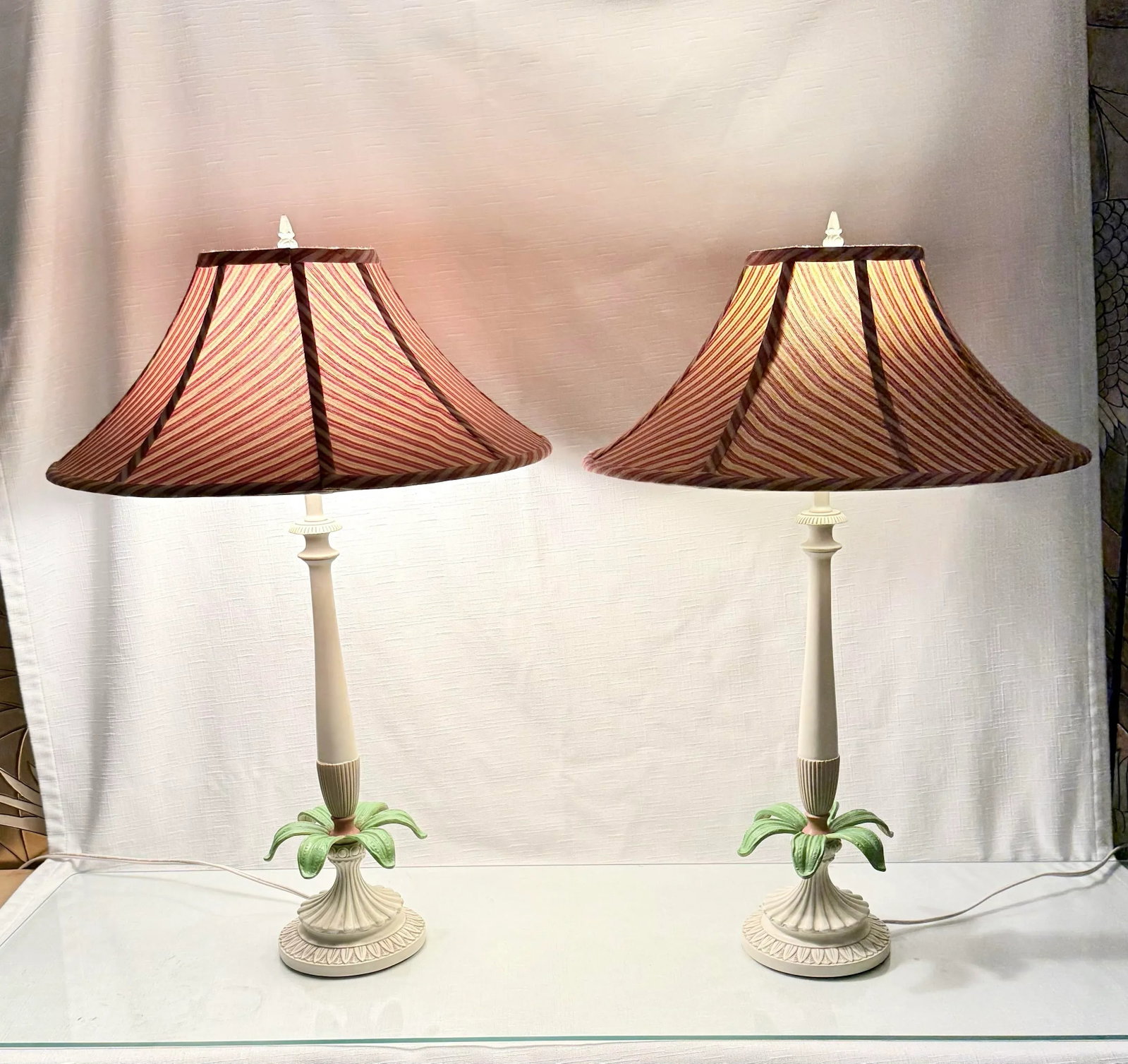 Vintage Palm Beach Regency Palm Tree Table Lamps - Striped Empire Shade - Charming Coastal Decor - A - 2