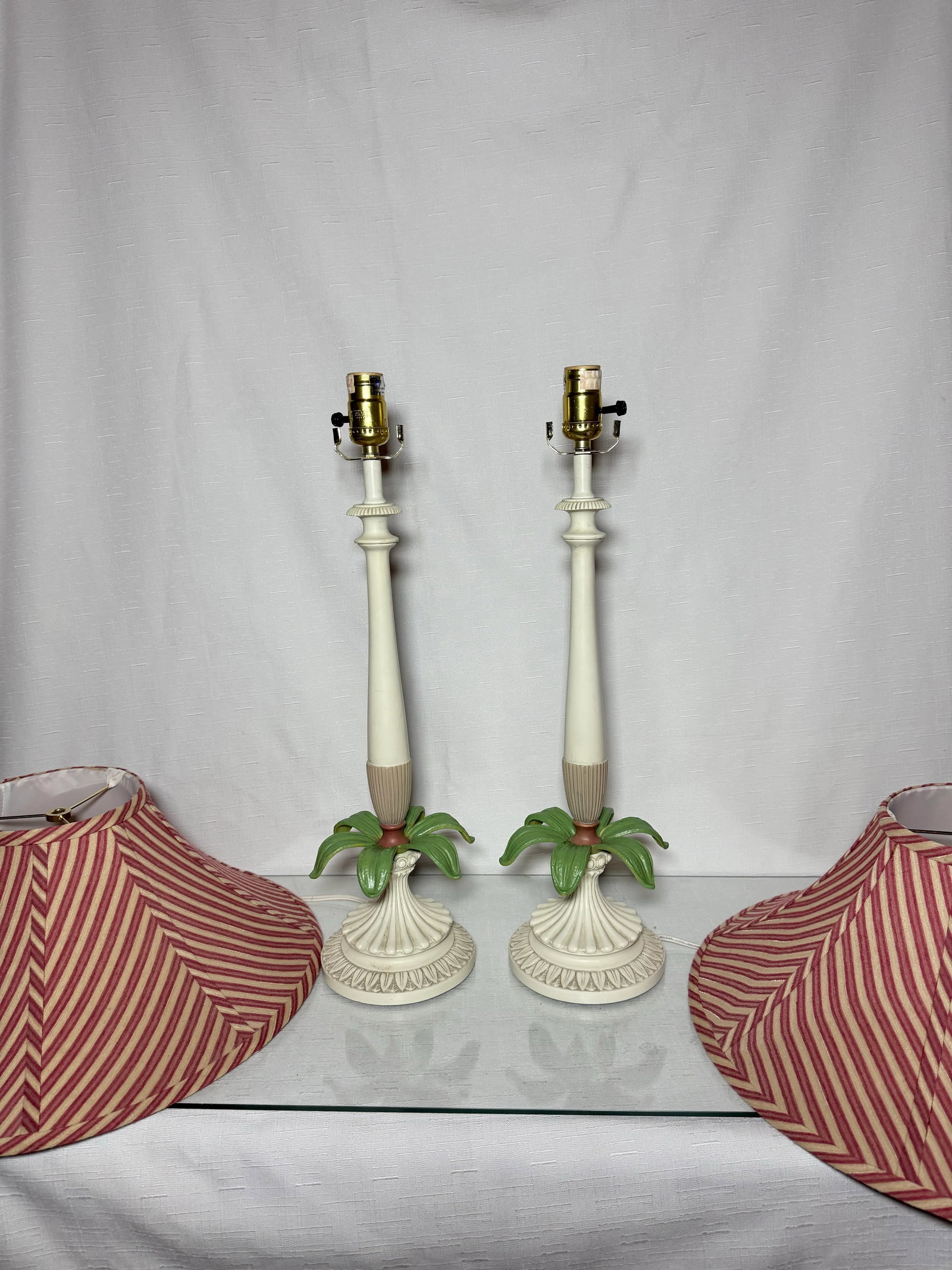 Vintage Palm Beach Regency Palm Tree Table Lamps - Striped Empire Shade - Charming Coastal Decor - A - 4