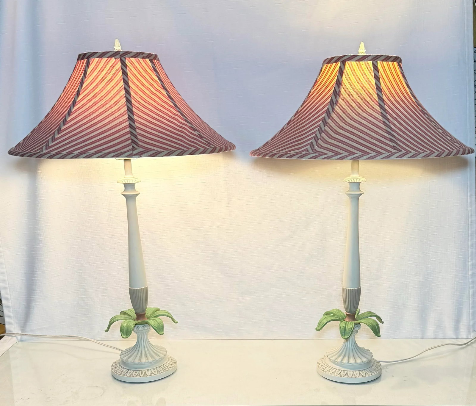 Vintage Palm Beach Regency Palm Tree Table Lamps - Striped Empire Shade - Charming Coastal Decor - A - 9