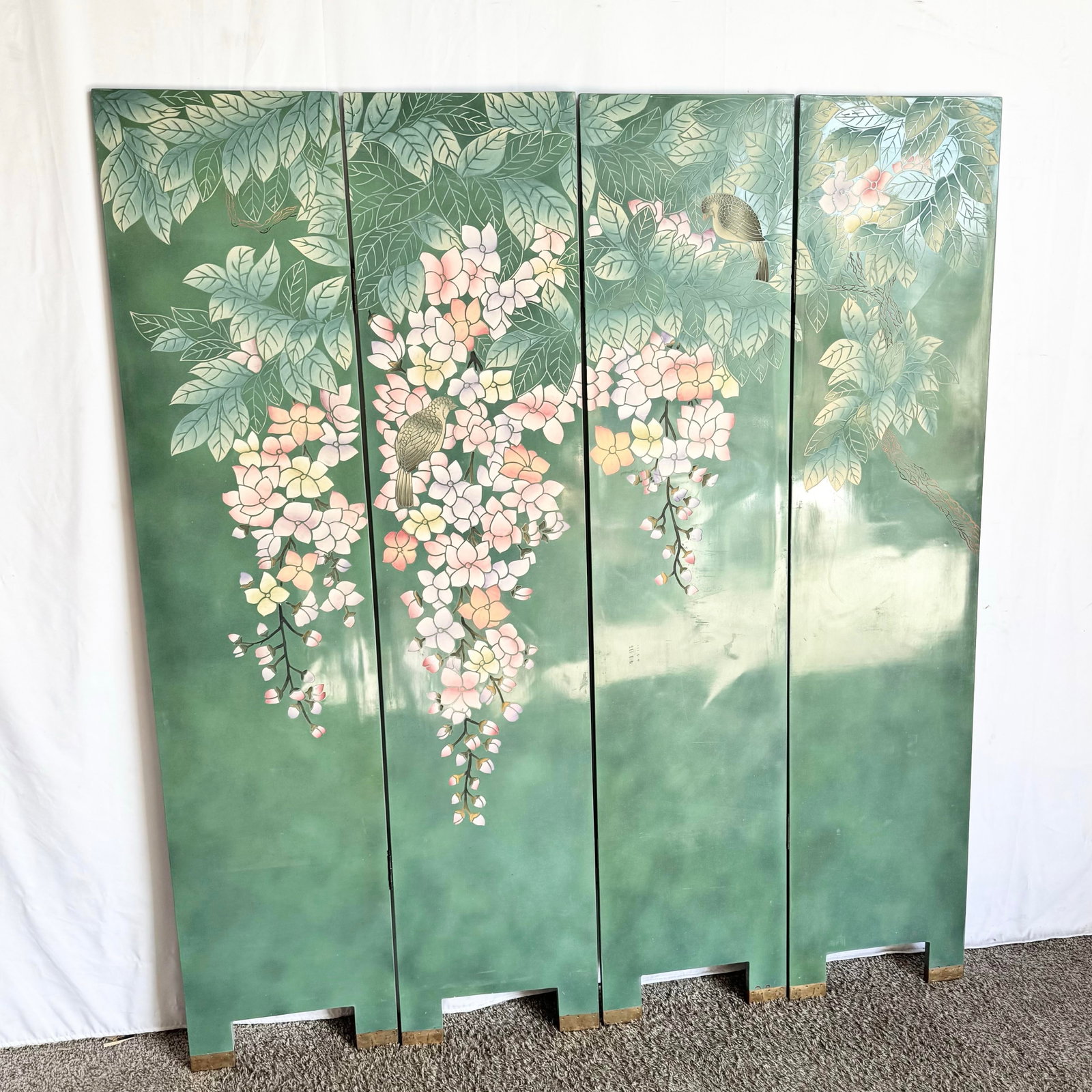 Vintage Chinese Hand Painted and Carved Green Room Divider/Screen - 2