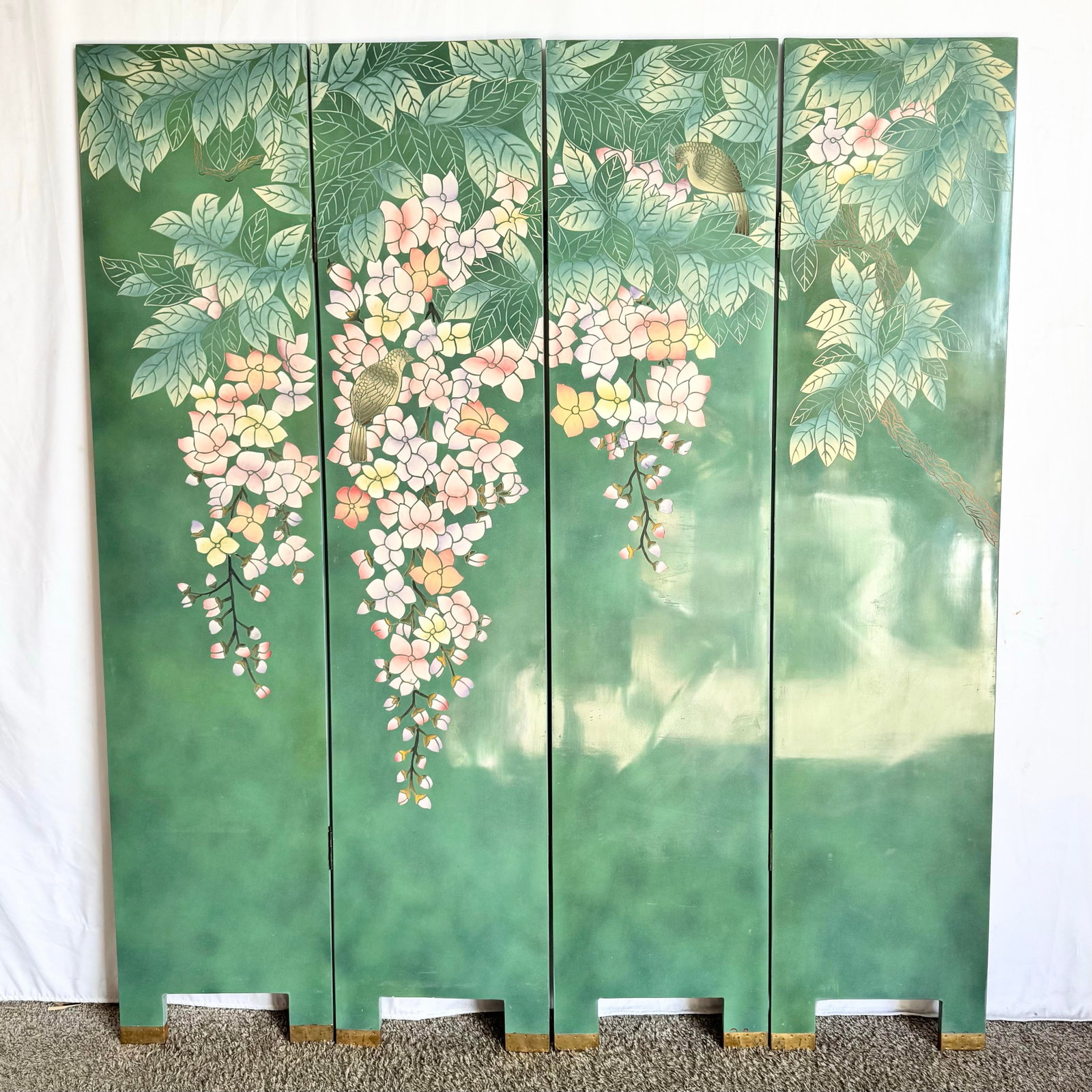 Vintage Chinese Hand Painted and Carved Green Room Divider/Screen - 3