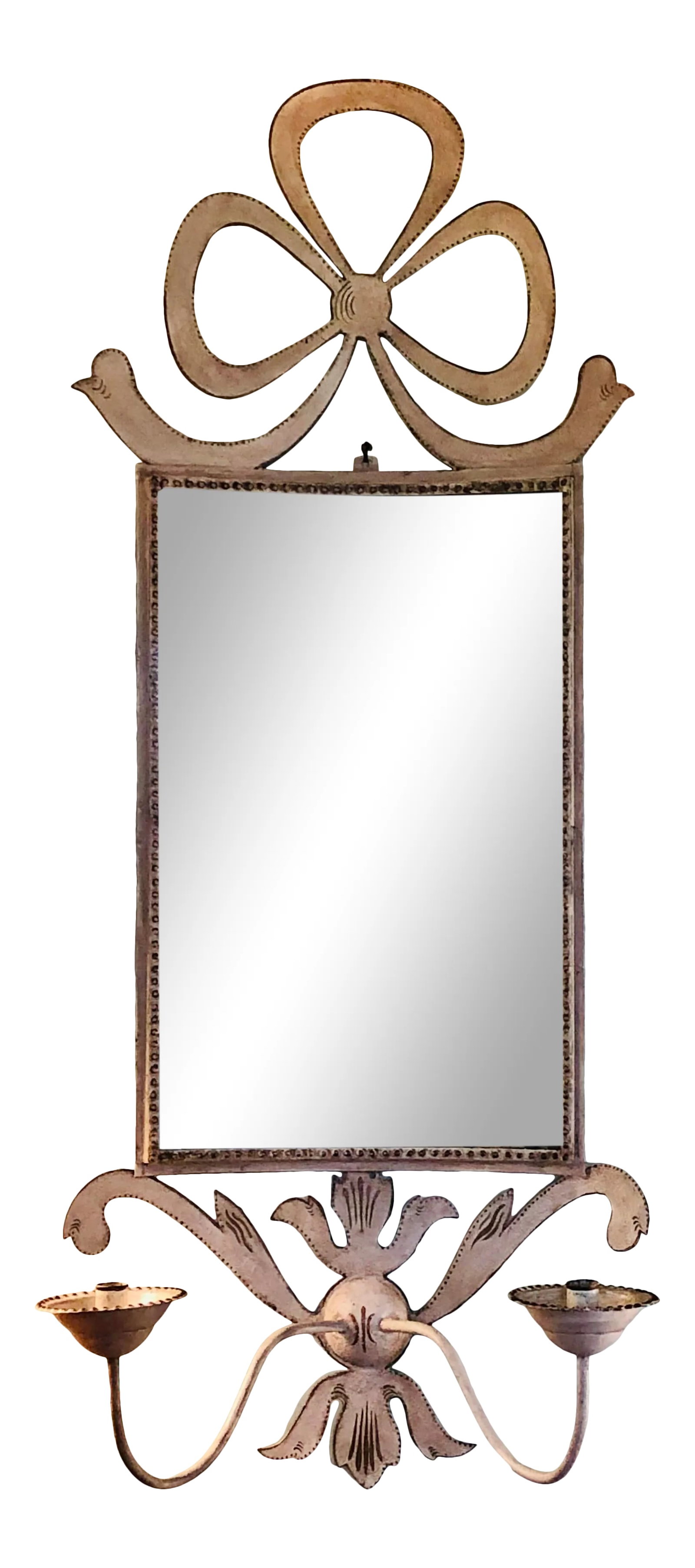 1960s White Painted Tole Decorative Mirror with Candle Sconces: Stylish white painted tole and mirrored two-light sconce and candleholder. White paint with gold paint details. Probably English. Not electrified, for candles only. Some paint loss and to the mirror a