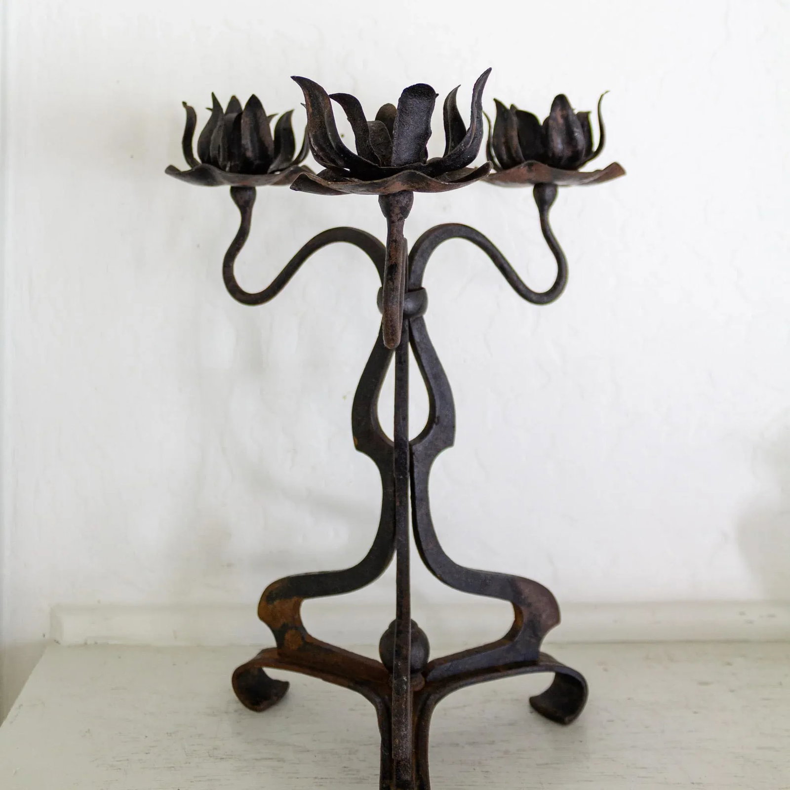 Rustic Wrought Iron Art Nouveau Lotus Candelabra - 12