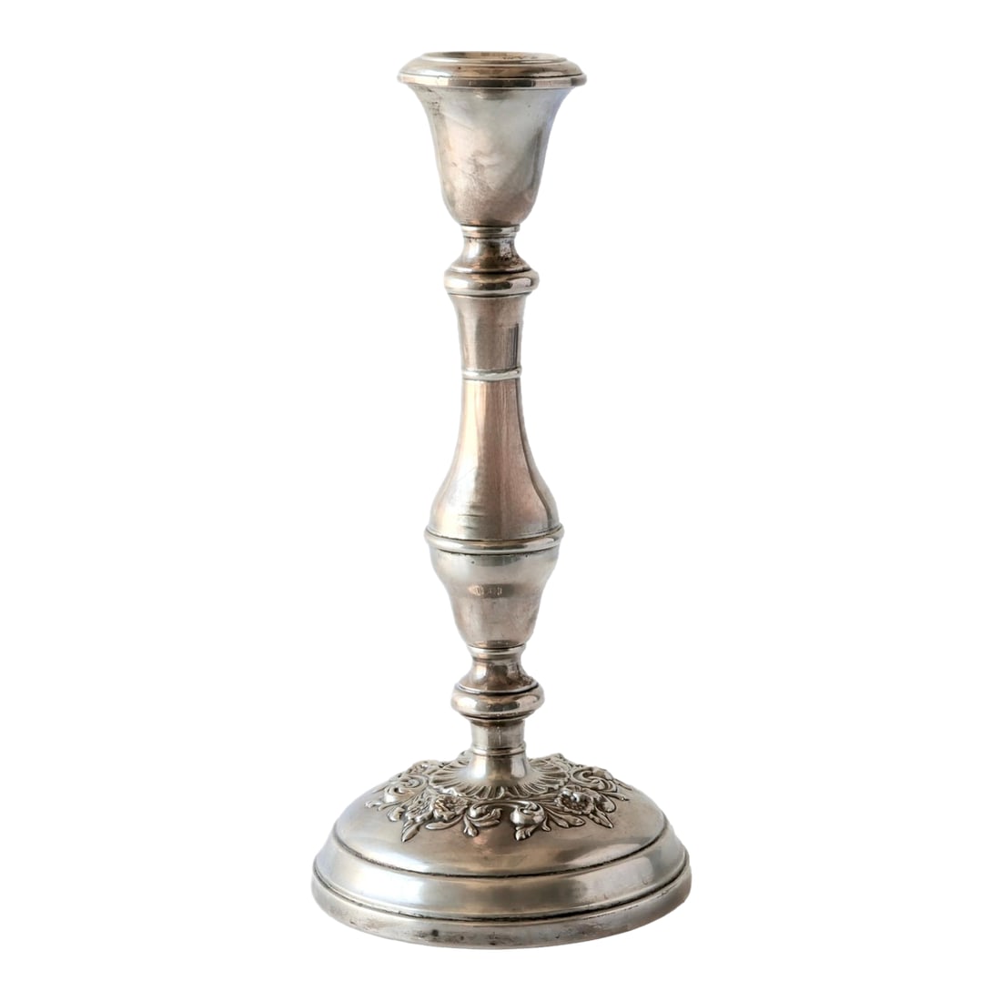 Tall Gorham Sterling Silver Single Candlestick: A sterling silver candlestick by Gorham in Pattern 987, featuring a baluster column and ornate floral repousse base. Reinforced for stability and weighted for balance. Hallmarked on underside: "Gorham