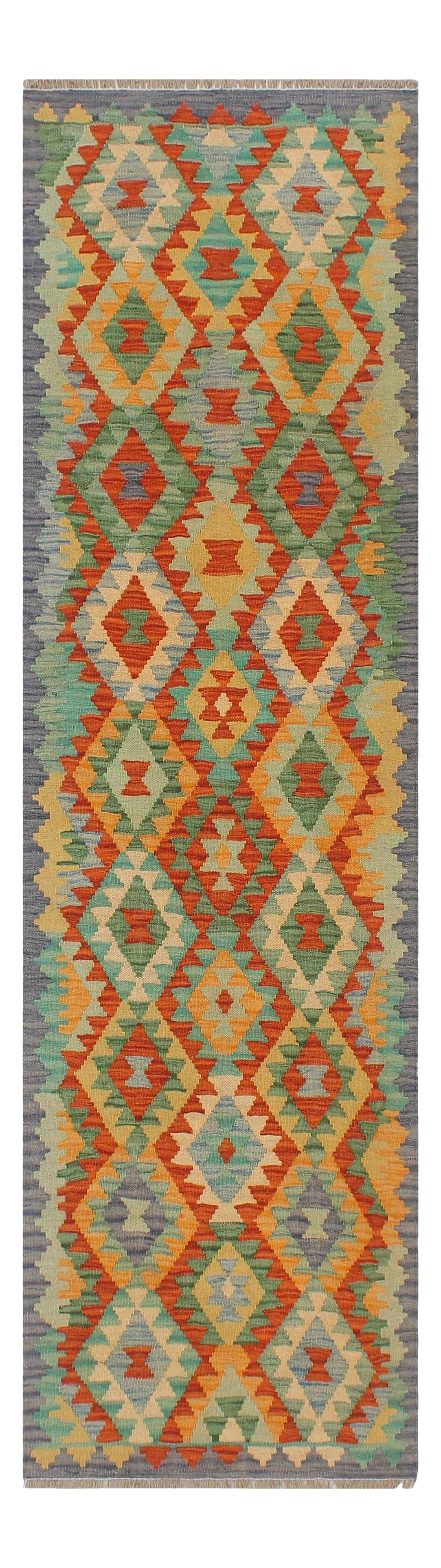1990s Abstract Kilim Rust Blue Hand Woven Rug - 2'1" X 6'6": Add a touch of elegance to your home with this casual chic hand woven Tribal Kilim wool rug. Constructed on a loom by Nomad Turkman people with hand spun wool and 100% Natural Vegetable dyes these