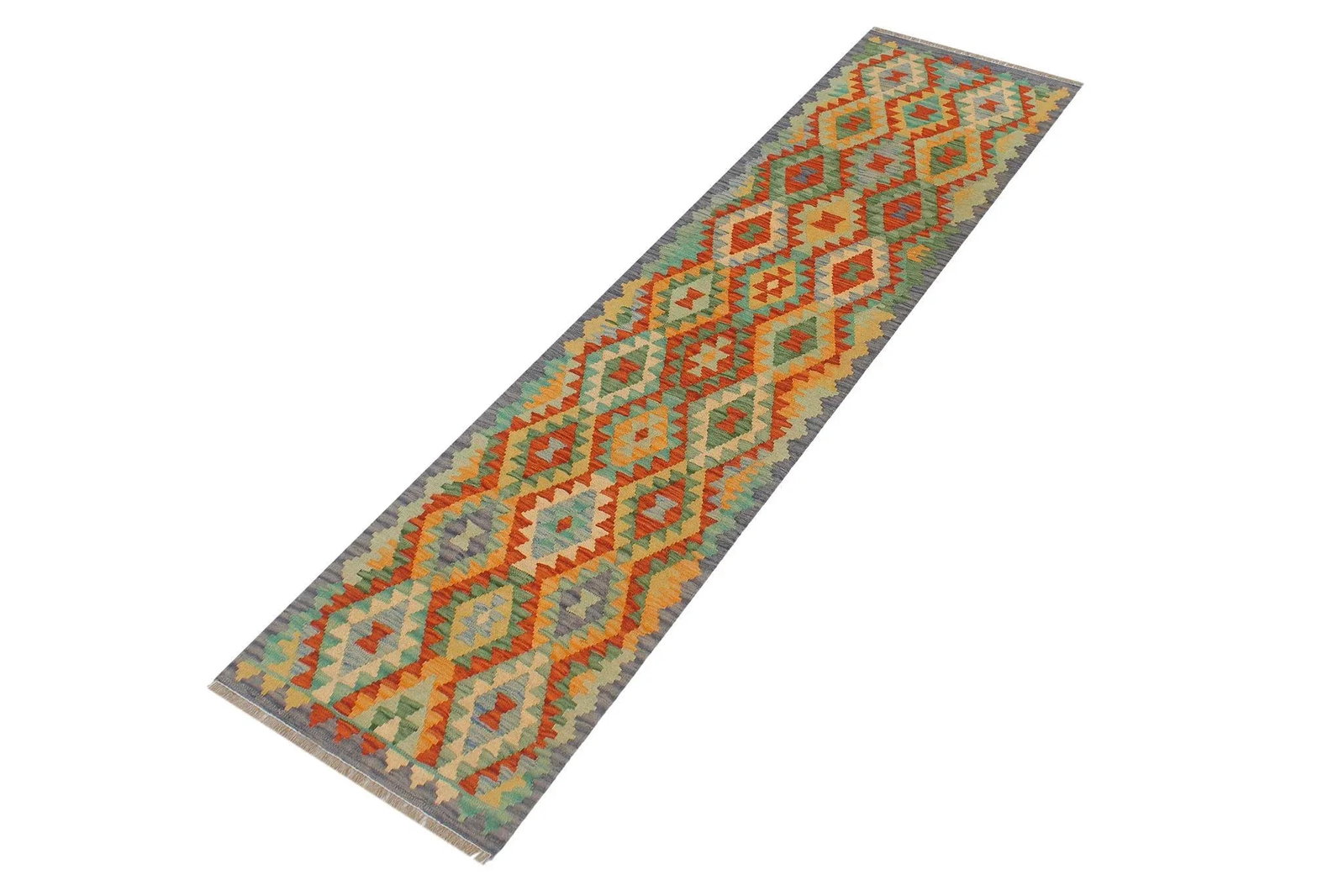 1990s Abstract Kilim Rust Blue Hand Woven Rug - 2'1" X 6'6" - 2