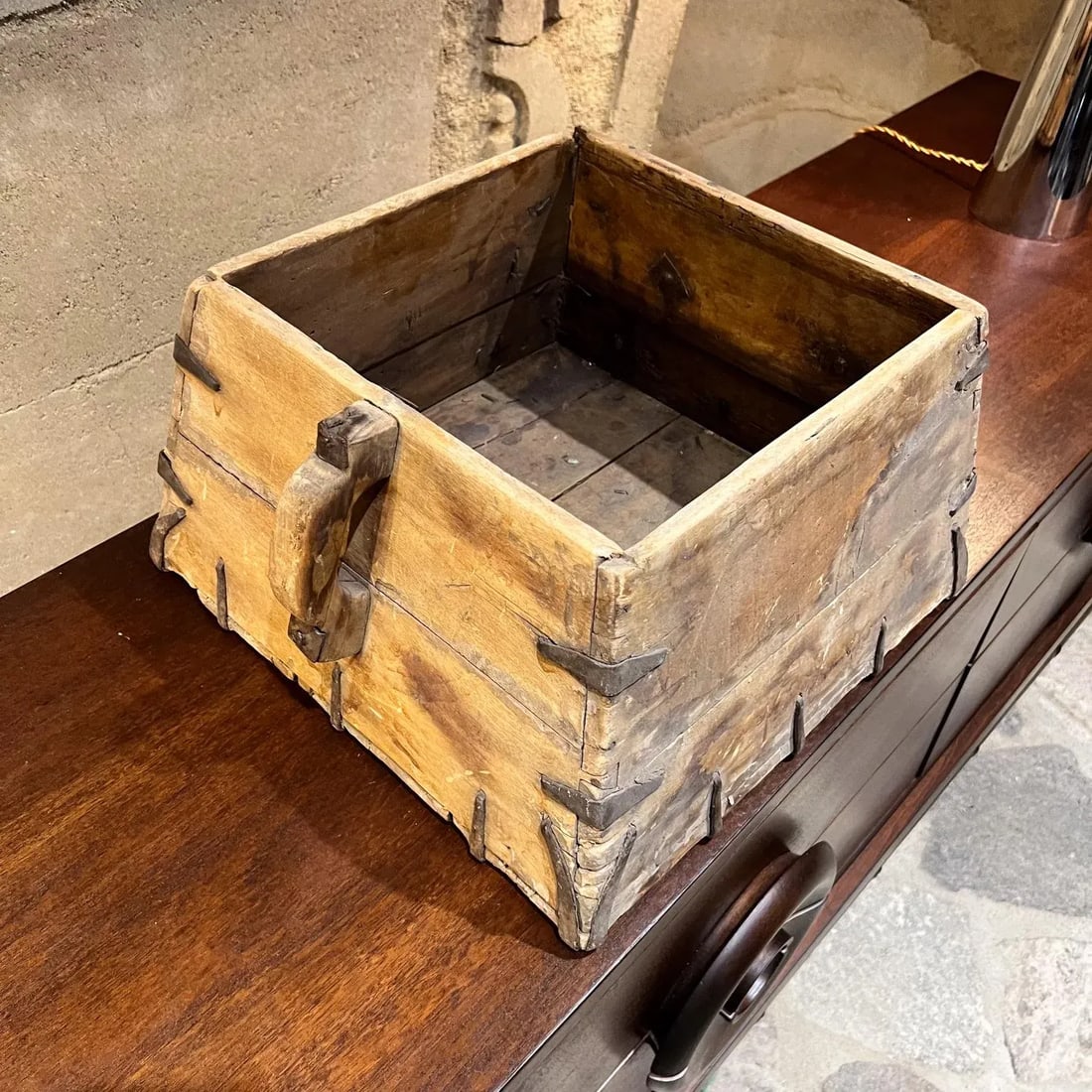 1800s Antique Wood Box Hand Forged Iron Grain Rice Chinese - 12