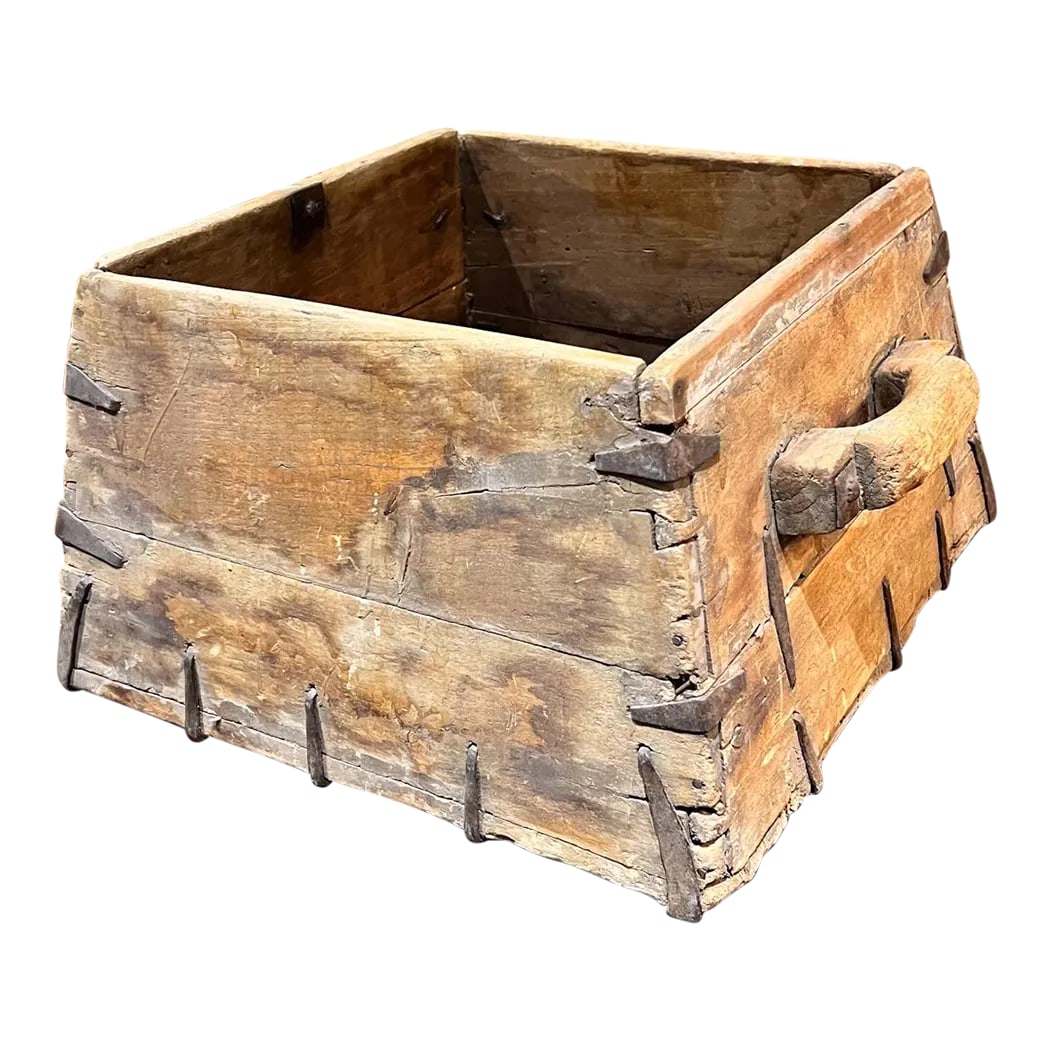 1800s Antique Wood Box Hand Forged Iron Grain Rice Chinese: For your consideration, a fabulously aged antique wood box with handles. Box has patinated metal trim pieces & forged iron nails. No maker stamp present. Dimensions: 9.38 H x 18.5 W x 16.25 W Please