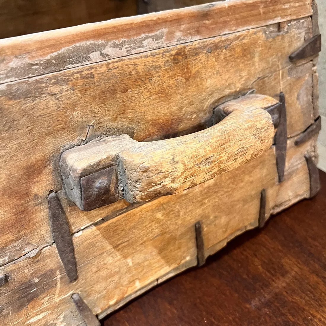1800s Antique Wood Box Hand Forged Iron Grain Rice Chinese - 4