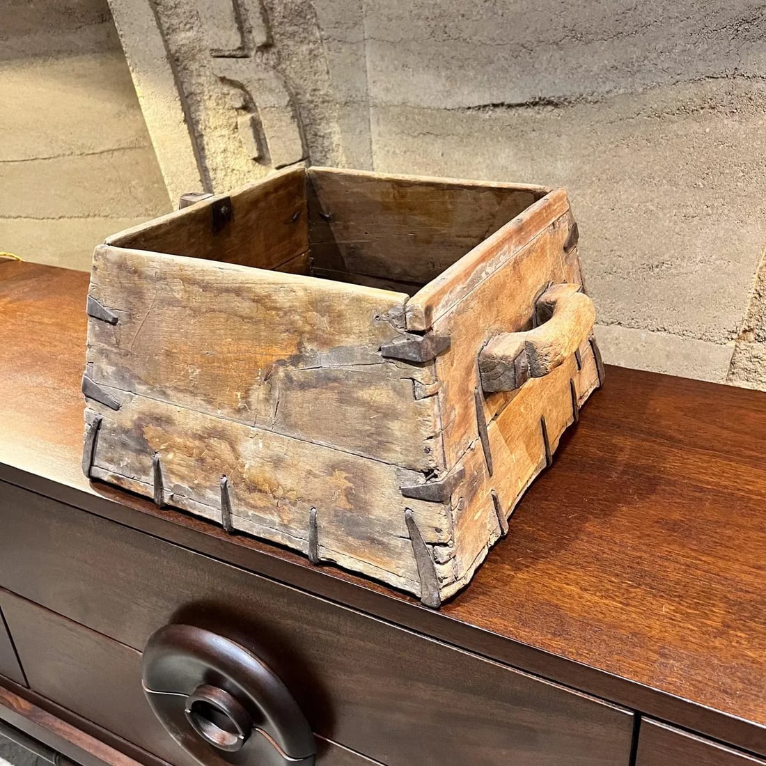 1800s Antique Wood Box Hand Forged Iron Grain Rice Chinese - 5