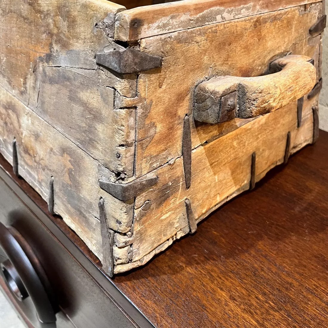 1800s Antique Wood Box Hand Forged Iron Grain Rice Chinese - 6