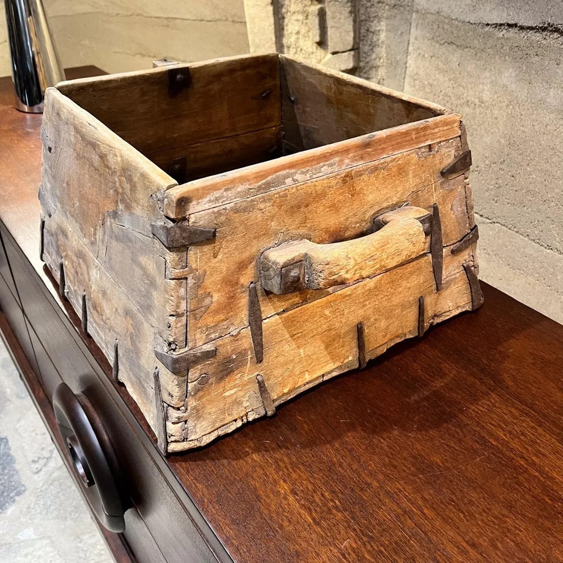 1800s Antique Wood Box Hand Forged Iron Grain Rice Chinese - 7