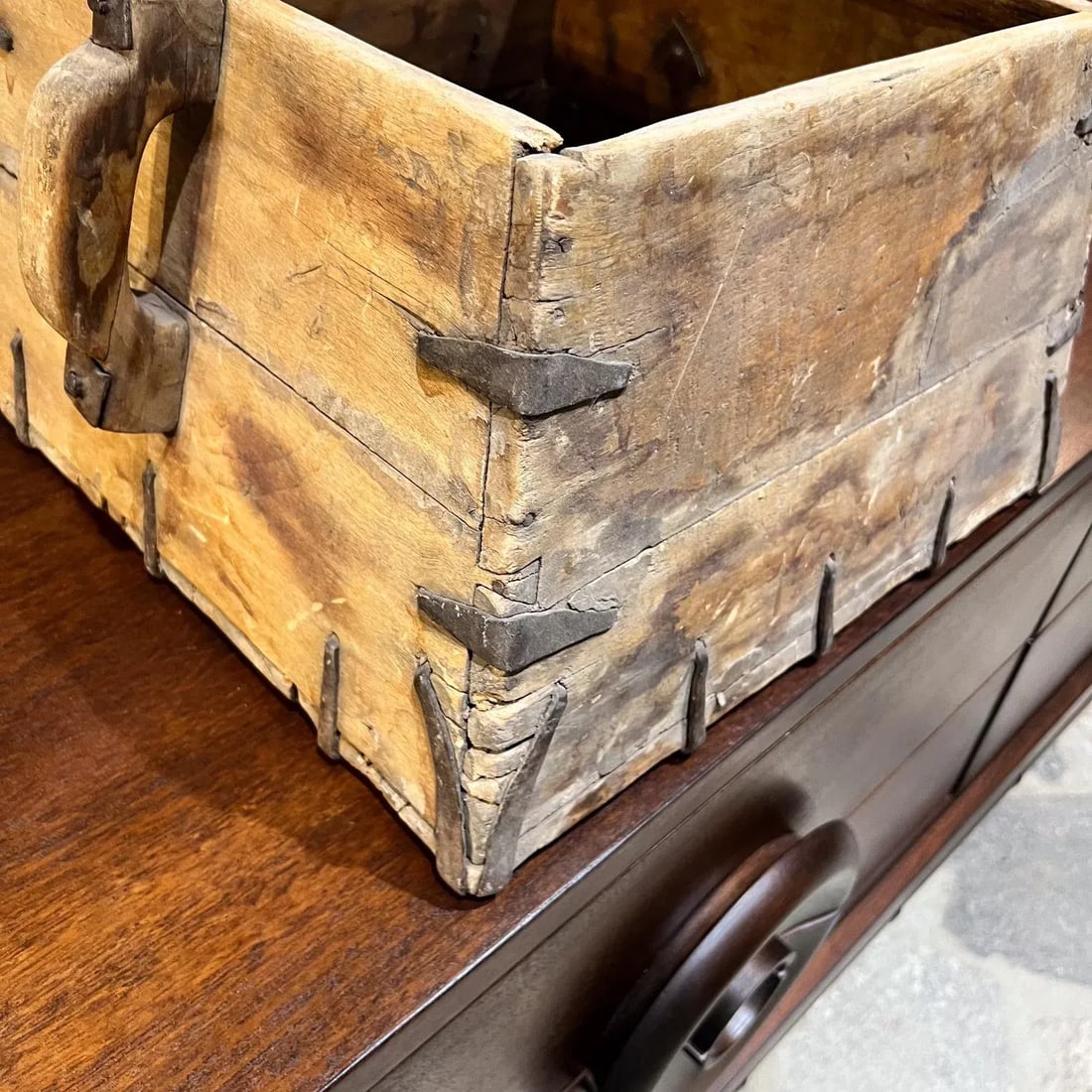 1800s Antique Wood Box Hand Forged Iron Grain Rice Chinese - 9