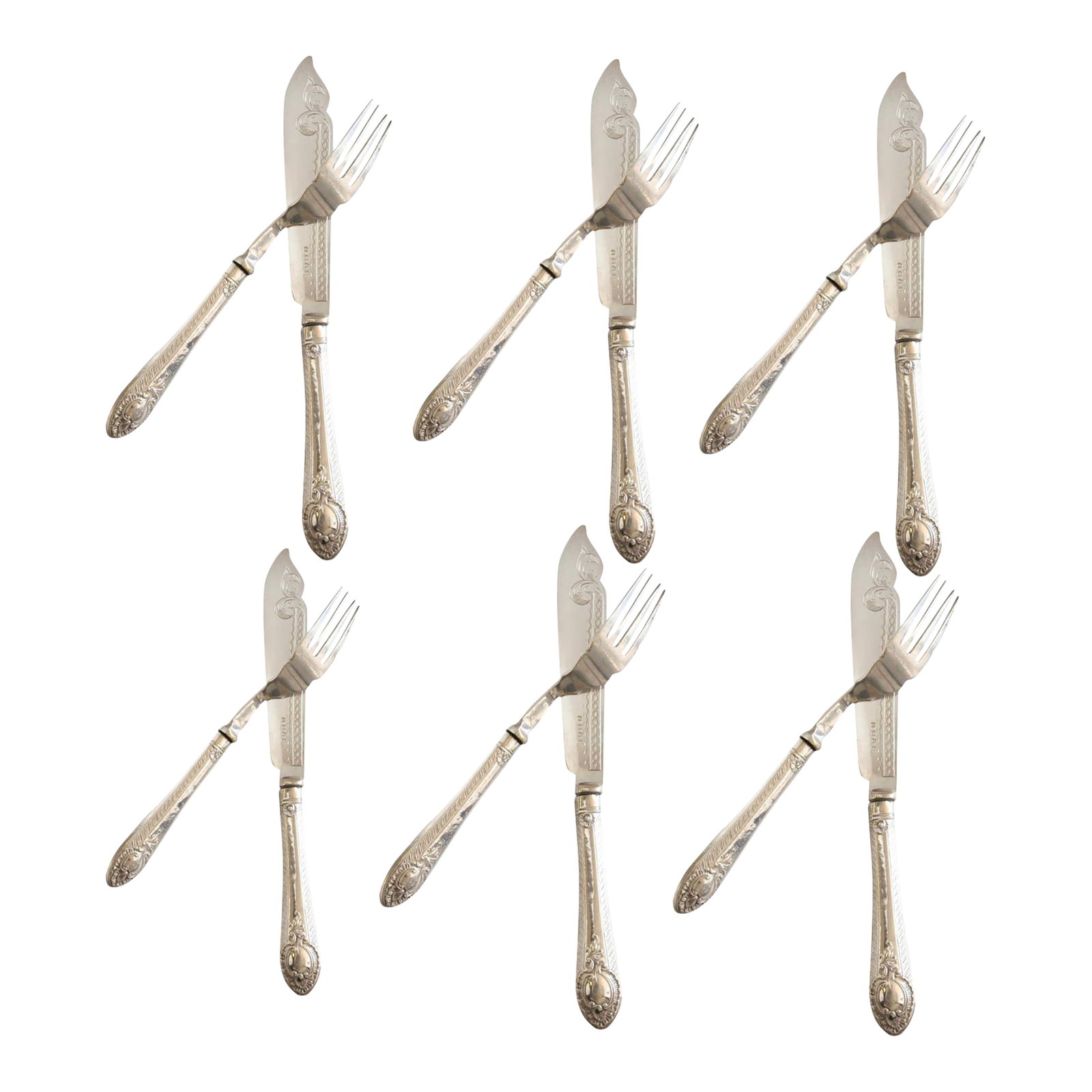 Antique English Silver Plated Sterling Handle Fish Set, Service for 6: Antique fish cutlery set, featuring delicate engravings and polished finish. These elegant utensils are specifically designed for the enjoyment of fish dishes, adding a touch of sophistication to any 