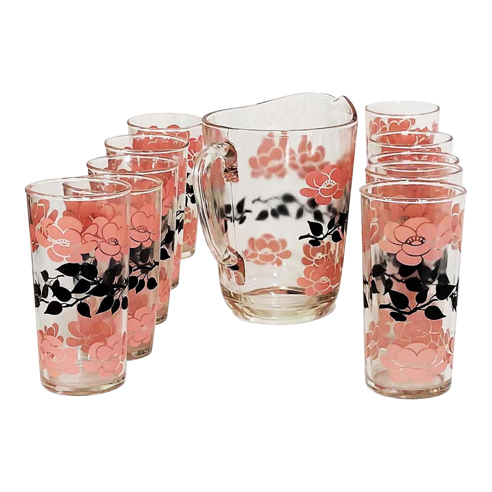 Retro Hazel Atlas Pink and Black Pitcher & Glassware Set - Set of 11 (1 of 8)