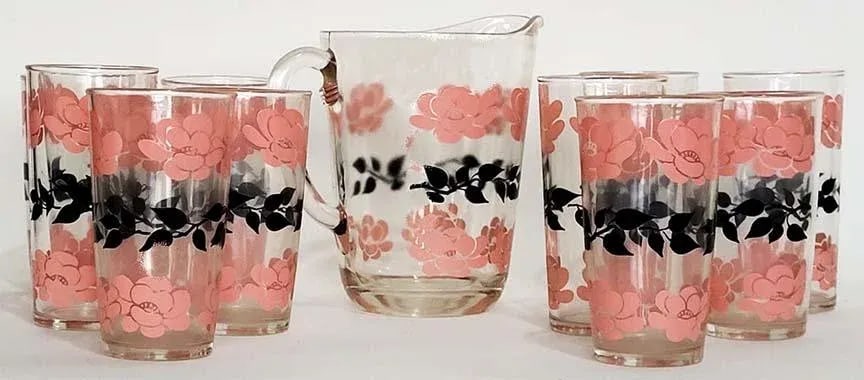 Retro Hazel Atlas Pink and Black Pitcher & Glassware Set - Set of 11 - 2
