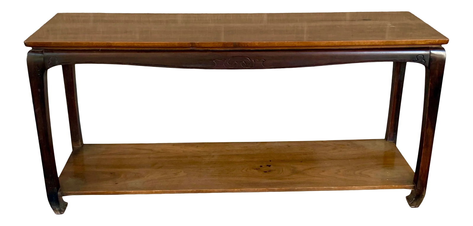 Vintage Ming Console Table by Lane Furniture: Beautiful vintage console table. Features two tone design. With darker brown legs and a lighter brown top and bottom shelf. Solid wood. Ming style legs. Made by Lane. Perfect in an entry way or behind