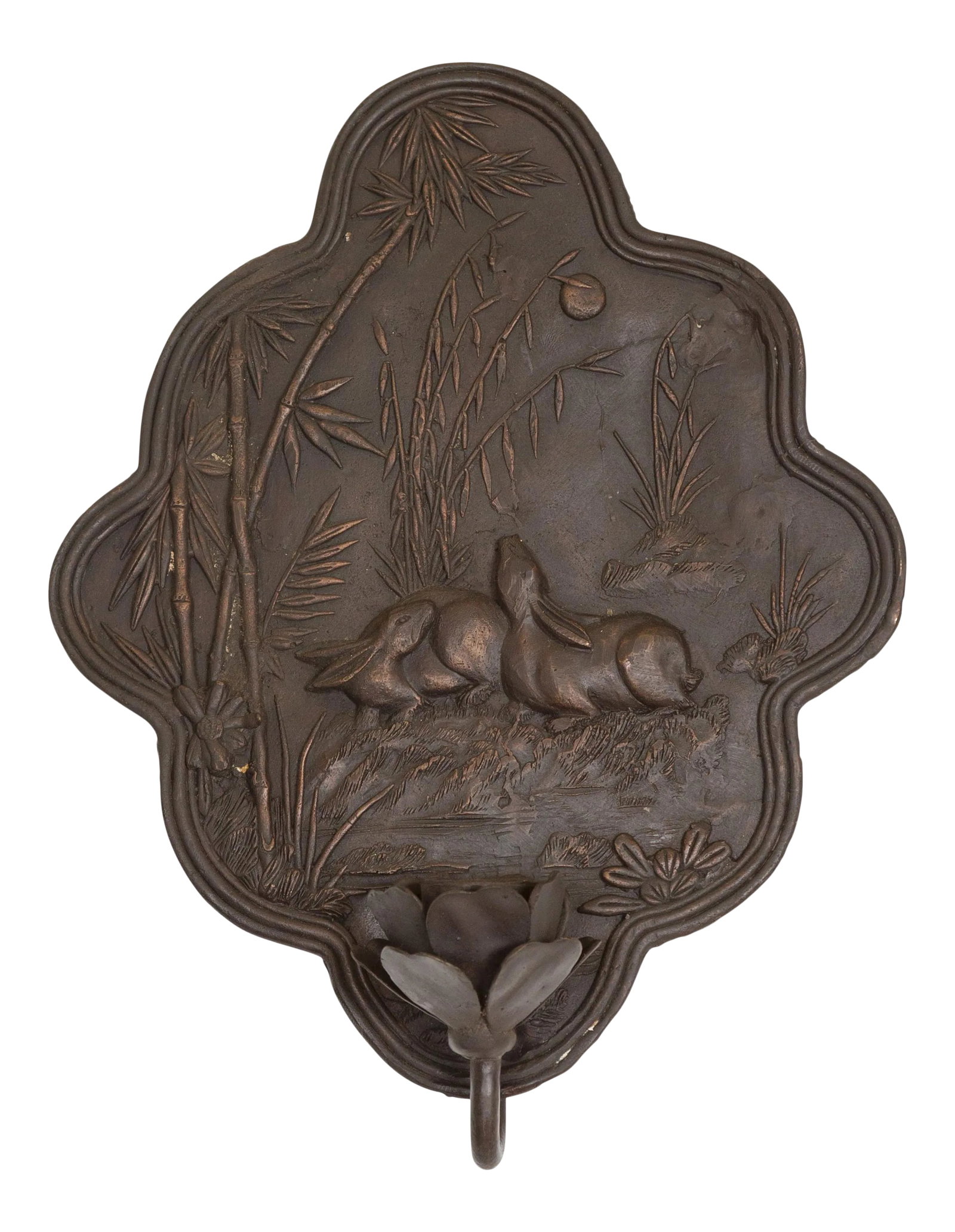 Mid 20th Century Bronze with Dark Patina Rabbits & Bamboo Candle Sconce: A vintage bronze candle sconce from the mid-20th century, depicting rabbits surrounded by bamboo. Created with the traditional technique of the lost-wax (a la cire perdue) that allows a great