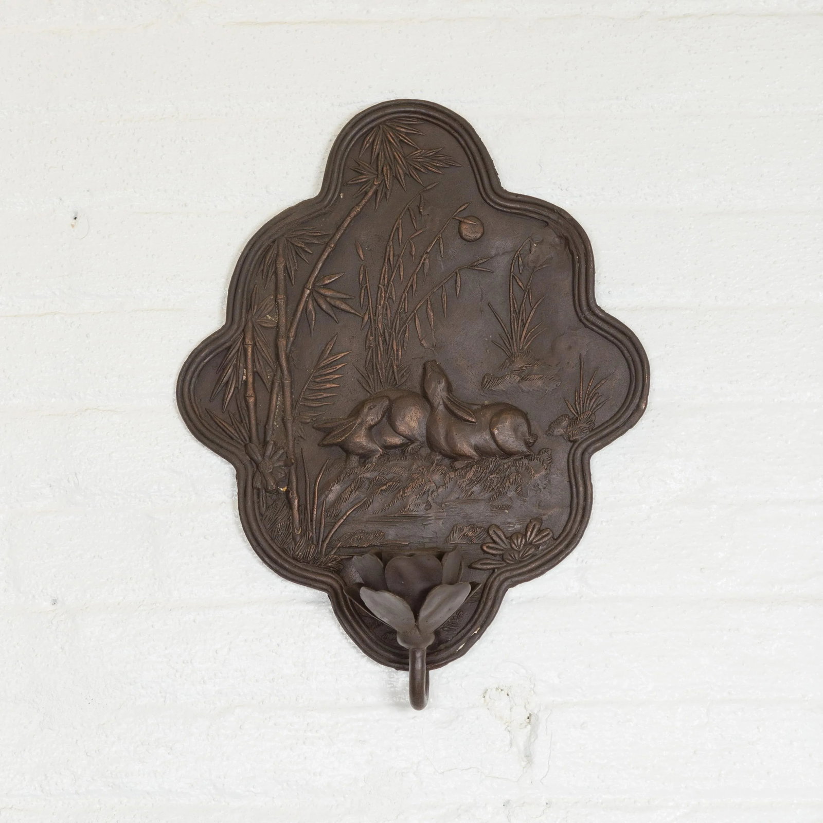Mid 20th Century Bronze with Dark Patina Rabbits & Bamboo Candle Sconce - 2