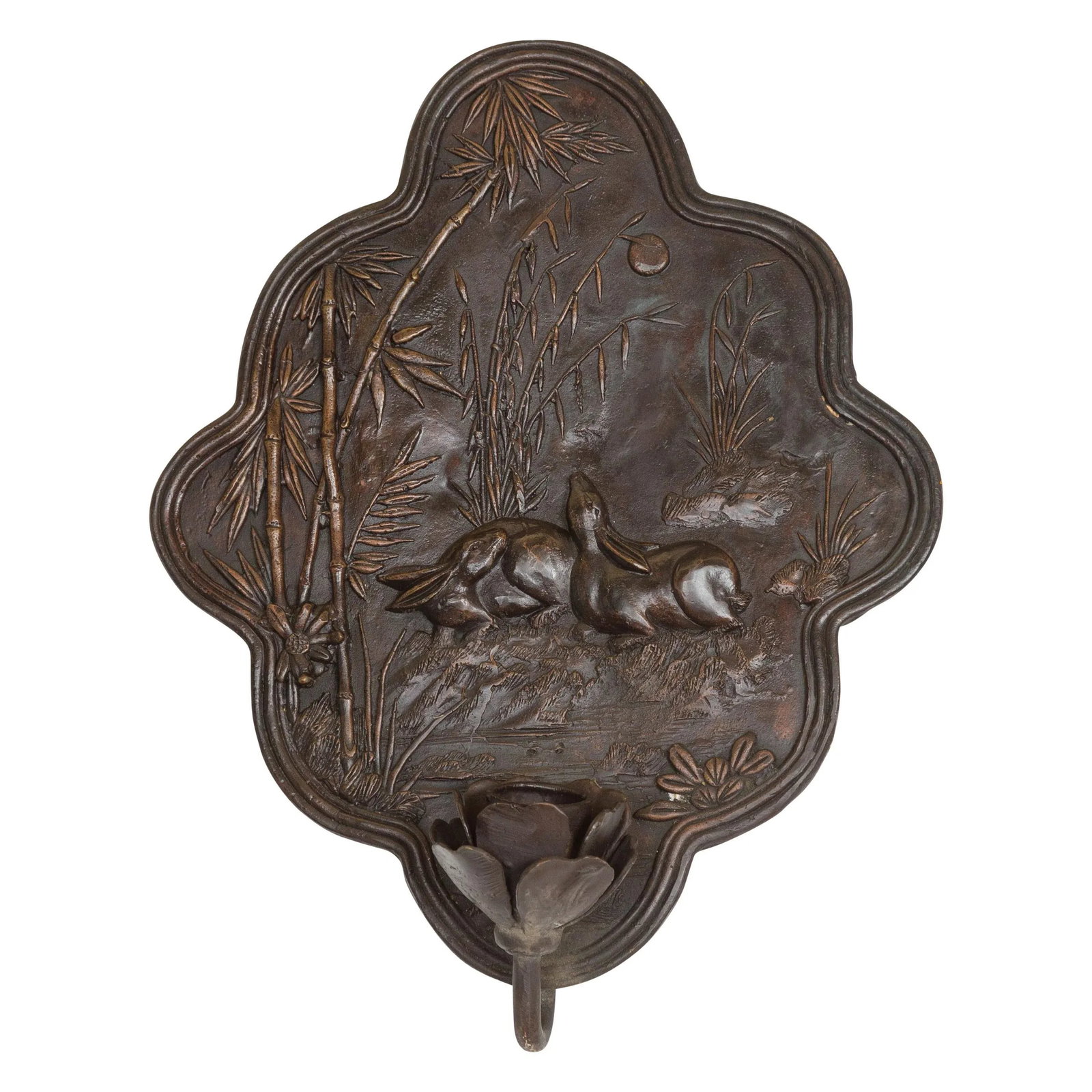 Mid 20th Century Bronze with Dark Patina Rabbits & Bamboo Candle Sconce - 3