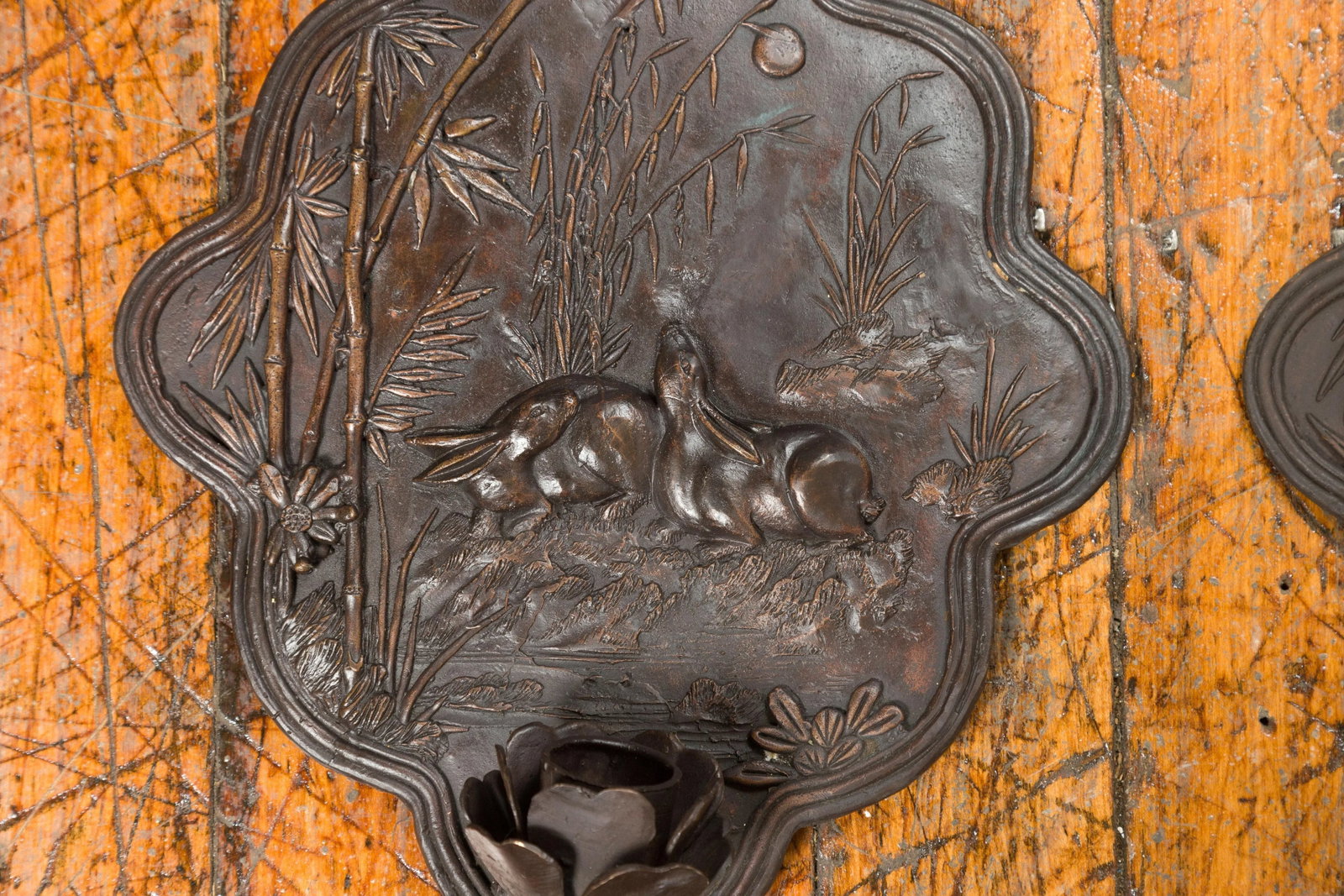 Mid 20th Century Bronze with Dark Patina Rabbits & Bamboo Candle Sconce - 5