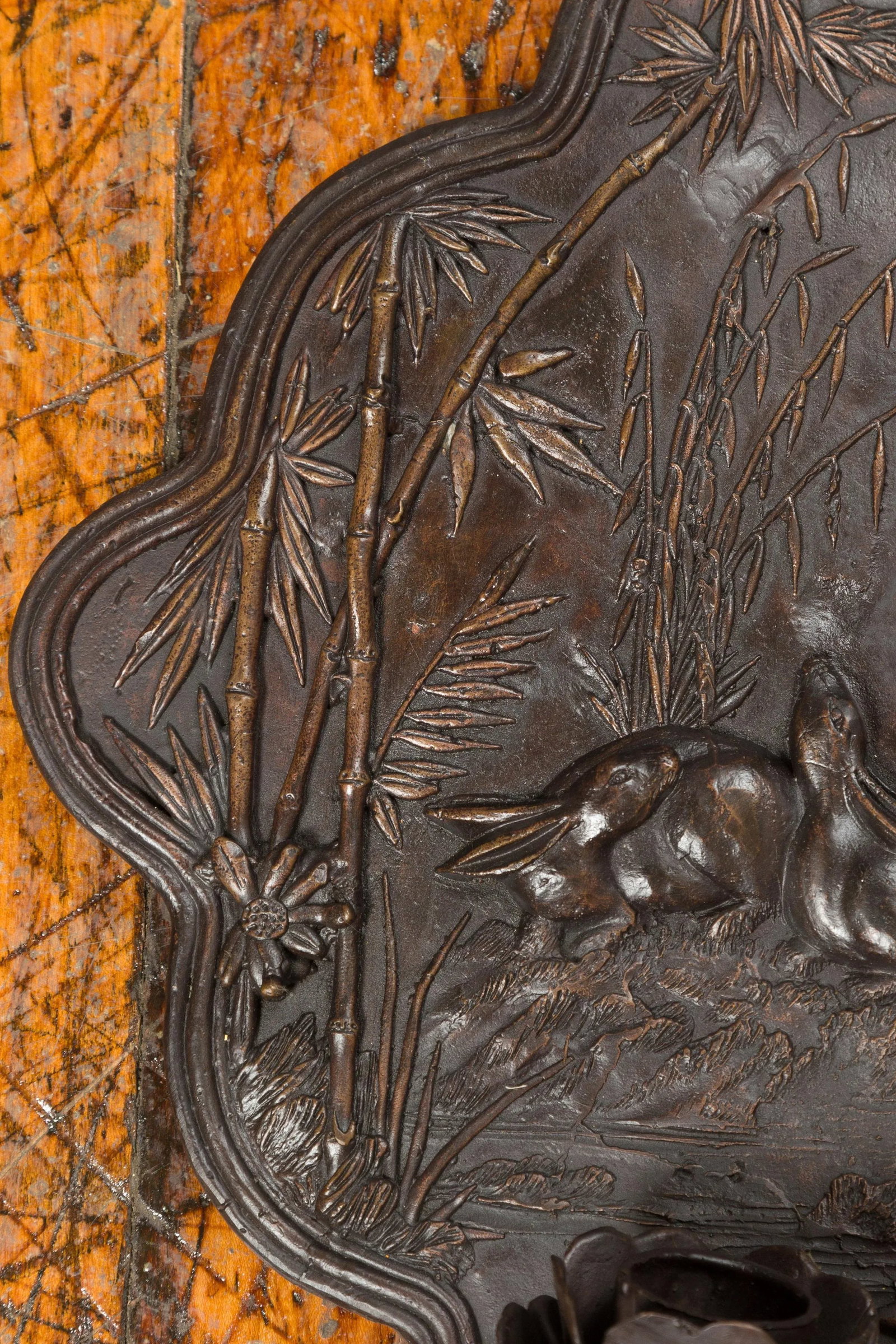 Mid 20th Century Bronze with Dark Patina Rabbits & Bamboo Candle Sconce - 6