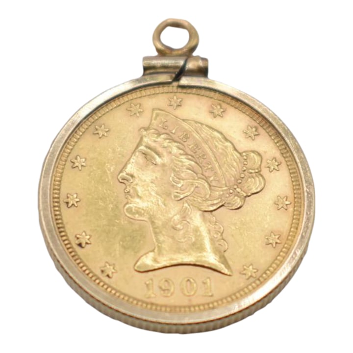 18k Gold 1901 Liberty Five Dollar Coin Pendant: This is an 18k Gold 1901 Liberty five dollar coin. It is set into a bezel so it can be worn as a necklace. Condition: Alterations: Original Condition Unaltered Imperfections: Some Imperfections