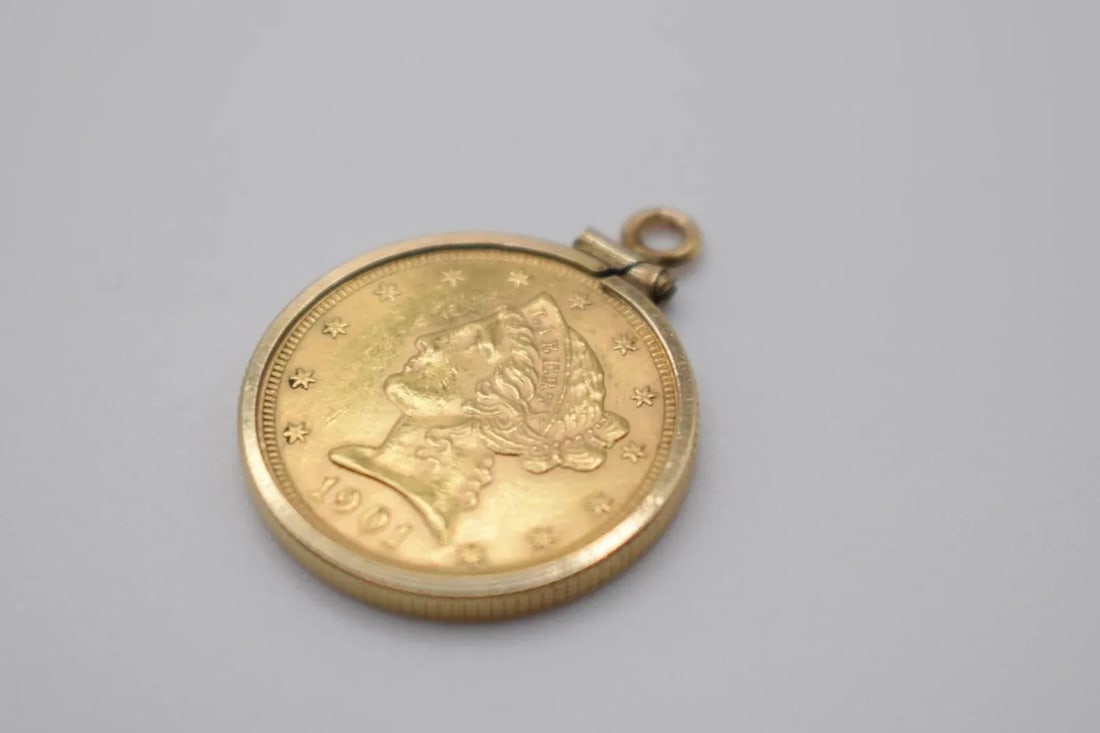 18k Gold 1901 Liberty Five Dollar Coin Pendant - 2