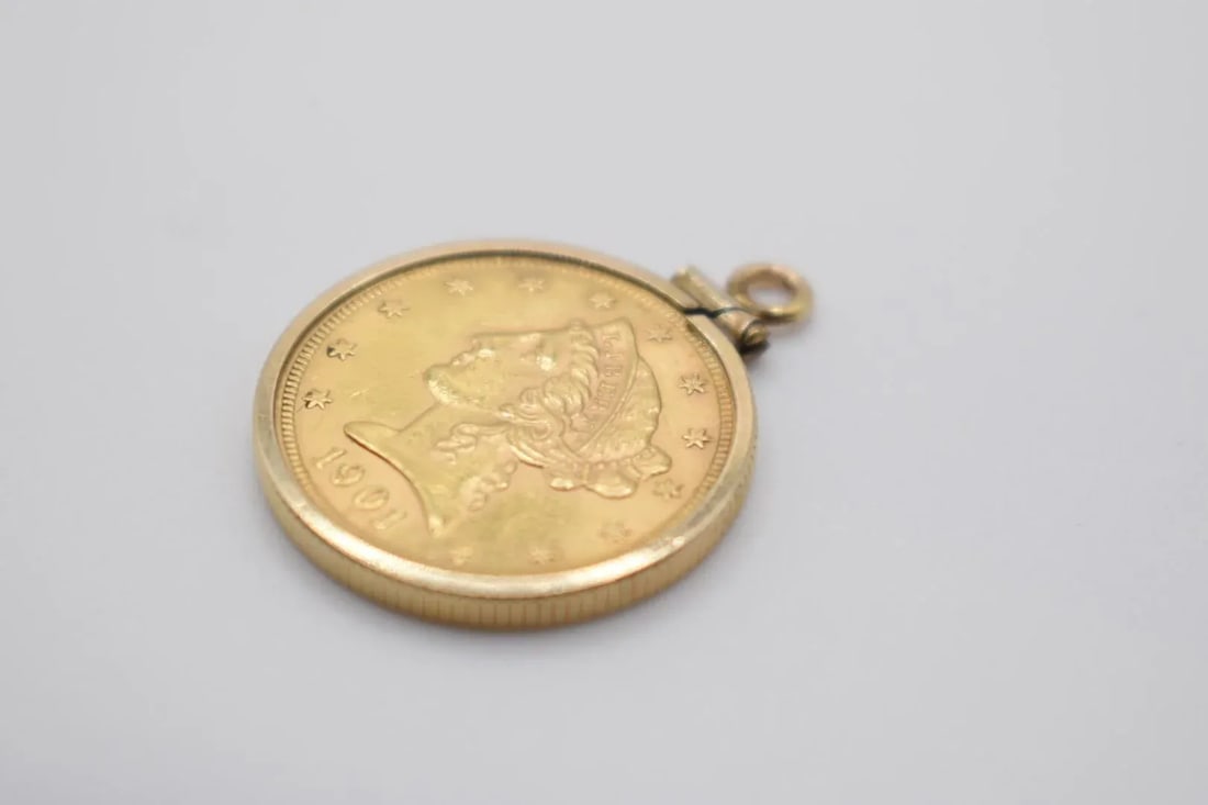 18k Gold 1901 Liberty Five Dollar Coin Pendant - 5