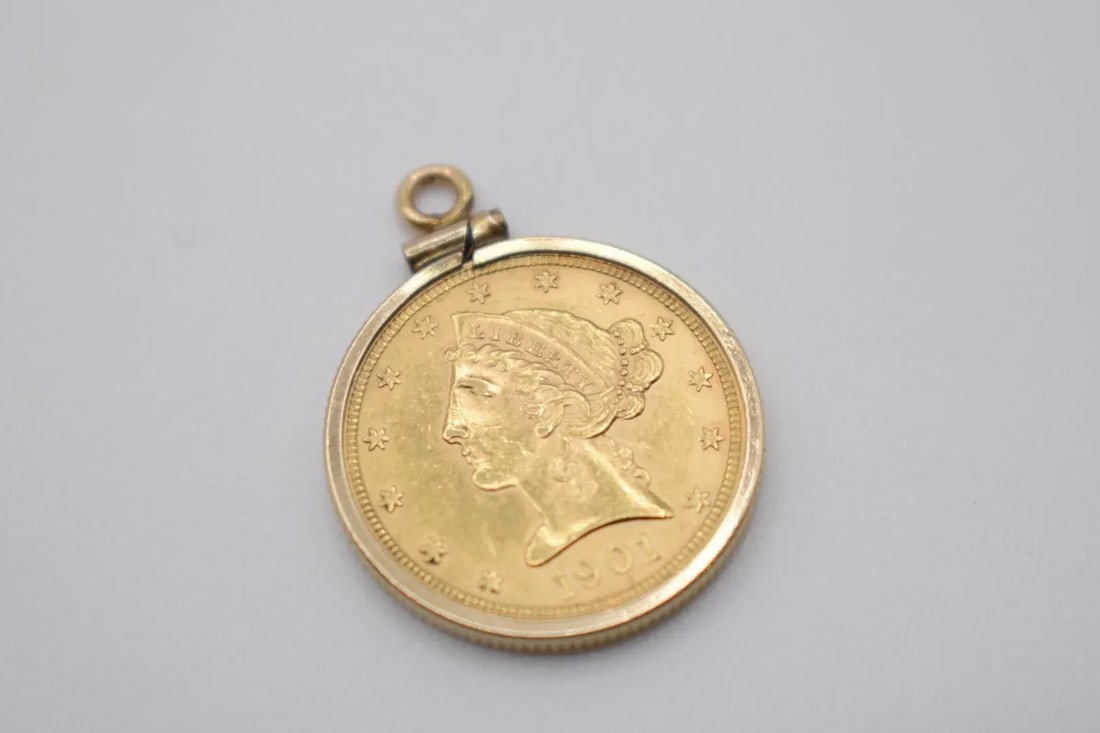 18k Gold 1901 Liberty Five Dollar Coin Pendant - 6