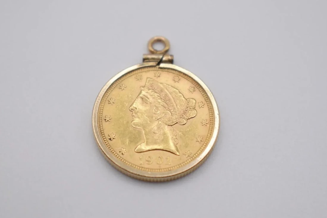 18k Gold 1901 Liberty Five Dollar Coin Pendant - 8