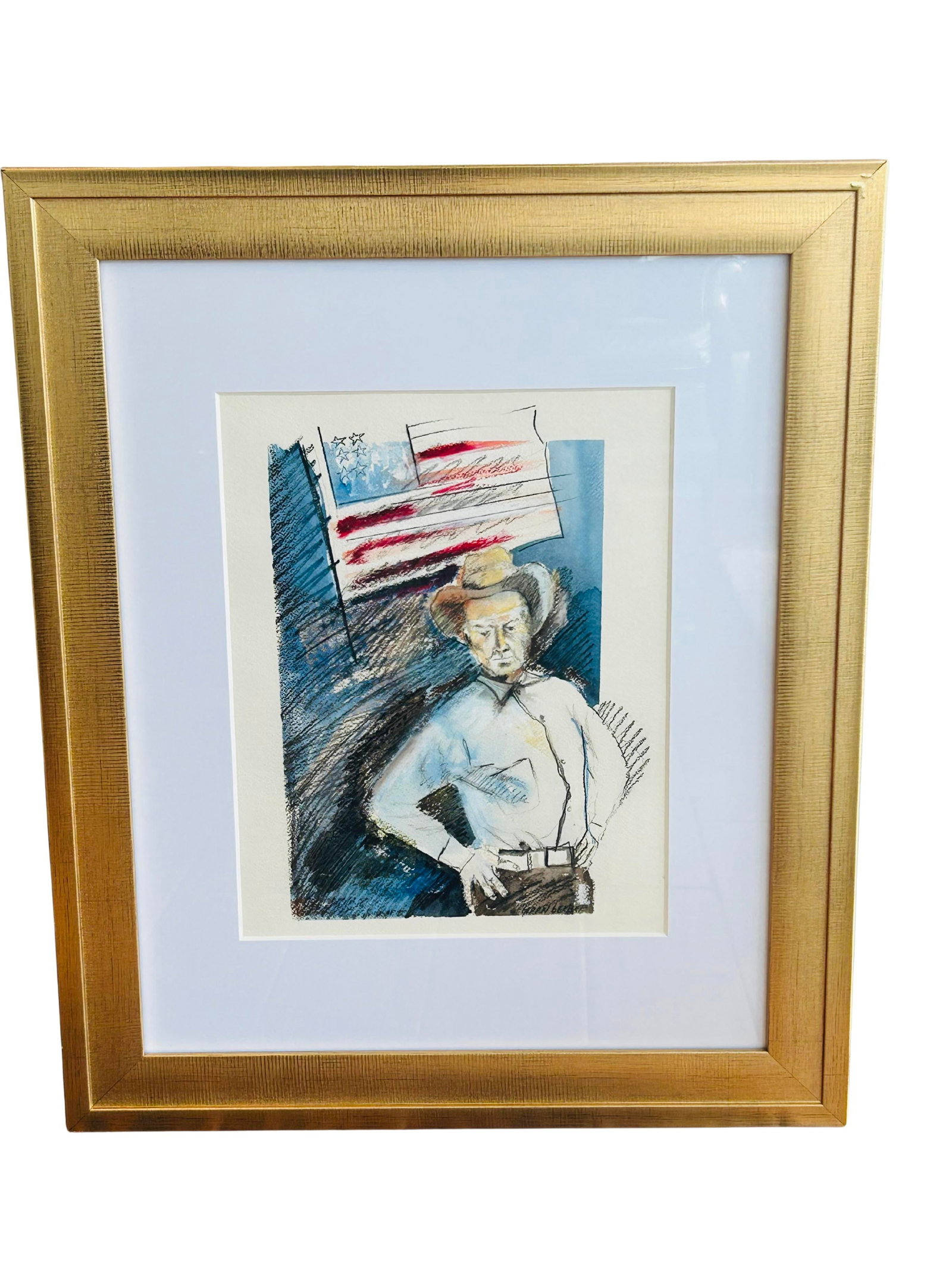 Late 19th Century Patriotic Cowboy Watercolor Portrait by Geran Gerber - Original Americana Western - 3