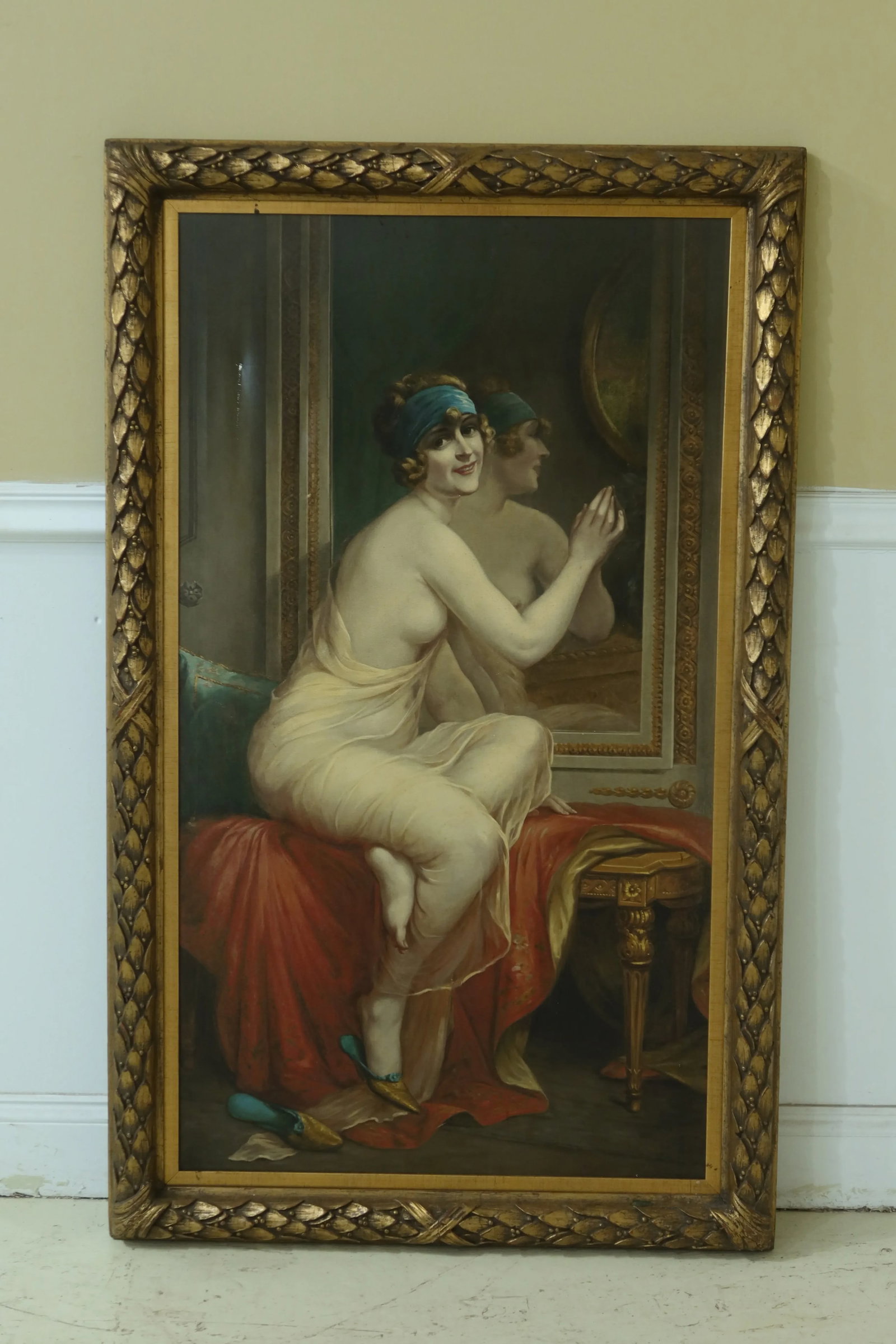 Framed French Oil Painting on Canvas Woman in Dressing Mirror - 10