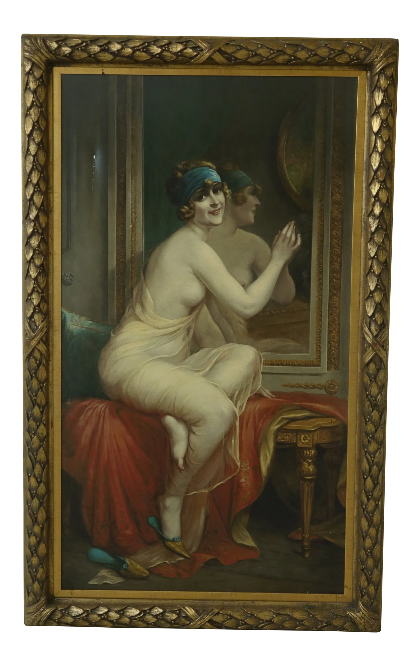 Framed French Oil Painting on Canvas Woman in Dressing Mirror: Approx: 50 Years Old Stunning Vintage Gold Frame Vintage Heavy Solid Wood Frame Transfer Painting On Canvas Old Reproduction Condition: Excellent Condition - Minor Signs Of Light Household Use-Age